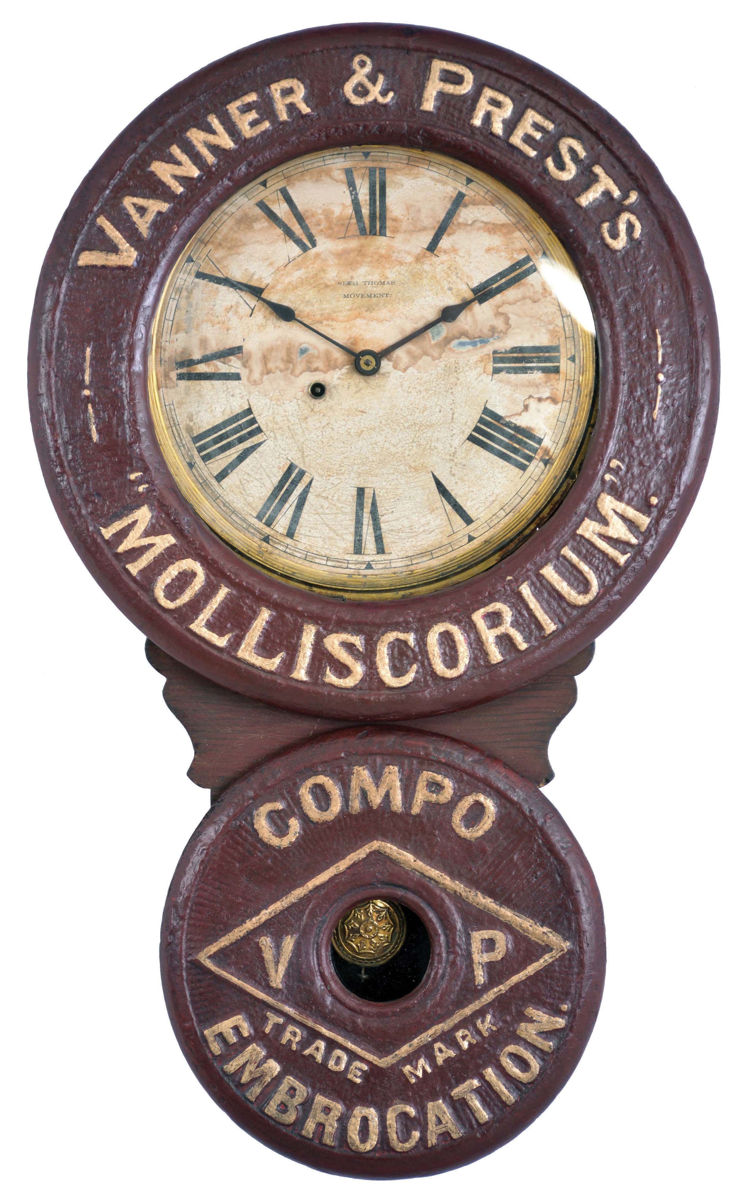 Baird Clock Co., Plattsburgh, New York, "Vanner & Prest's Molliscorium", 8 day, spring driven movement (Seth Thomas) advertising wall timepiece in a wood and paper mache case. — Antique Clocks Price Guide