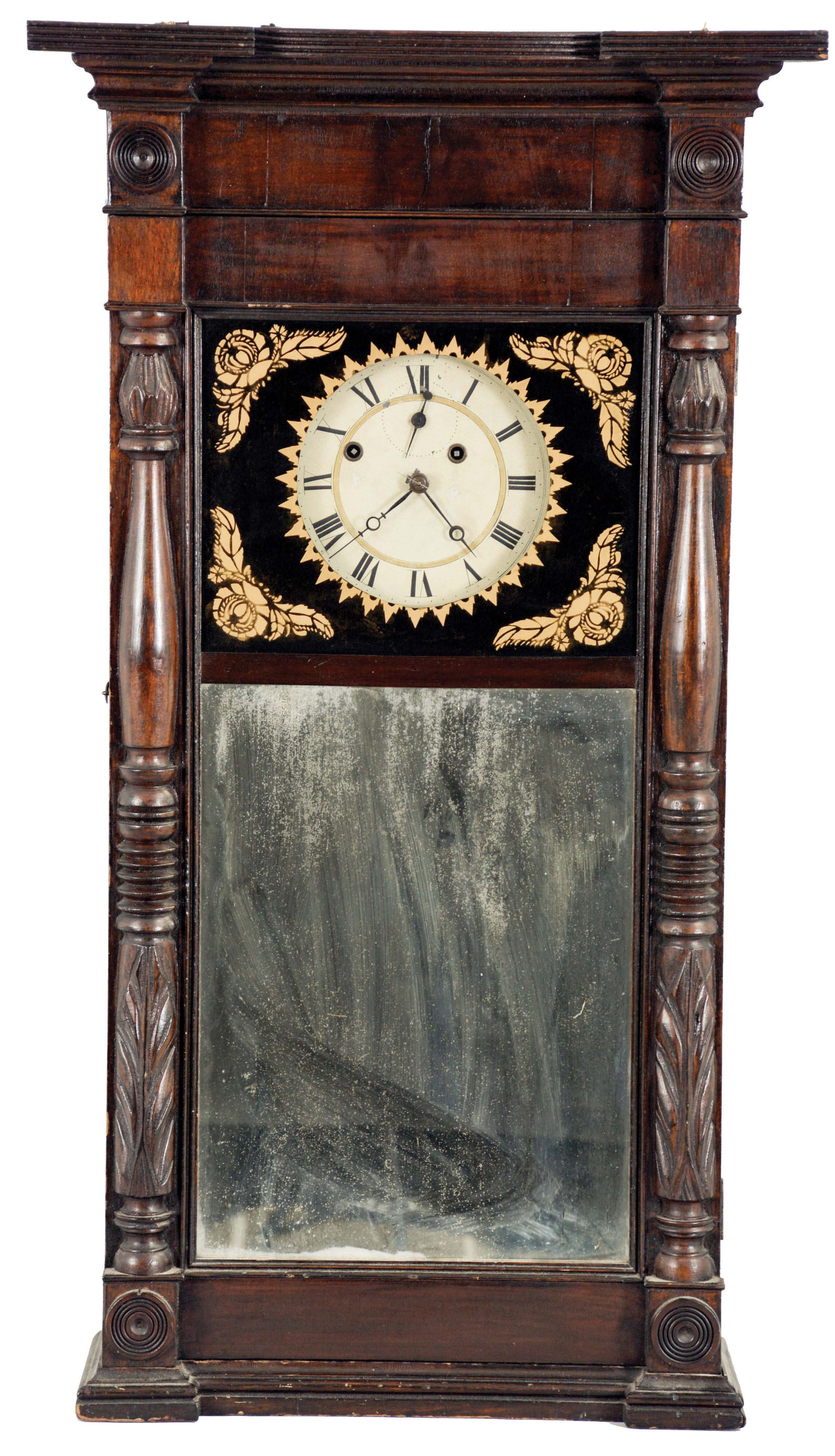 Munger & Benedict, Auburn, New York, 8 day, time and strike, weight driven brass movement, Empire "ironing board top" shelf clock. — Antique Clocks Price Guide