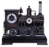 Reproduction Locomotive Clock: Detailed brass metal train model based on French Industrial series from the 1890s, time and strike clock with aneroid barometer and alcohol thermometer, all atop a black slate base with train track. Second spring driven movement in base is meant to power the wheels of the train.