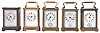 Clocks- 5 (Five): 3 (Three) French time, strike and alarm carriage clocks, one signed "Geo. W. Chatterton, Springfield Ills" and 2 (Two) Waterbury time and strike repeating carriage clocks, one with alarm and one signed "Minneapolis Heat Regulator Co., Minneapolis, Minn."