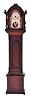 Miniature tall clock, mahogany case with removable bonnet, applied moldings, twist turned columns, and carved finials, Roman numeral paper dial with aperture below revealing the oscillating balance, 30 hour timepiece movement by the Yale Clock Co.