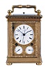 Attributed to Courvoisier, La Chaux de Fonds, Switzerland, quarter striking carriage clock with dead-center seconds, glazed, gilt brass case on turned feet, front door with scalloped ornament, gilt, engraved mask enframing the Roman numeral white enamel dial and subsidiary alarm and date displays, blued steel Breguet style hands, 8 day movement having a chronometer platform with pivoted detent escapement and five arm steel balance, and polished steel strike work with blued springs mounted to the back plate, grand sonnerie (night) striking changing automatically to petit sonnerie (day) striking every twelve hours, repeating the hours and quarters on demand, case bottom with sonnerie/ silent lever, case bottom numbered 118