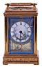 Drocourt, Paris, hour repeating carriage clock, engraved, gilt Gorge case with beveled glasses at front, top, and back, the sides with polychrome painted porcelain panels depicting couples in antique dress strolling through landscaped gardens, the dial also decorated to match the sides, blued steel Breguet style hands, 8 day, time and strike movement with lever platform, striking and repeating on a bell mounted to the back plate
