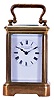 Golay, Fils & Stahl, Geneve, Mignonette No. 1 carriage clock, brass Corniche case set with beveled glasses, Roman numeral white enamel dial, blued steel hands, 8 day timepiece movement with lever platform