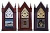 Clocks- 3 (Three): (1) Pomeroy & Parker, Bristol, Conn., 8 day, time and strike spring driven movement Sharp Gothic or steeple shelf clock, c1850; (2) C. Boardman & J. A. Wells, Bristol, Conn. 30 hour, time and strike spring driven, fusee movement Sharp Gothic or steeple clock, c1845; (3) Brewster & Ingrahams, Bristol, 30 hour, time and strike spring driven movement Sharp Gothic or steeple clock, c1850