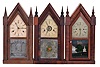 Clocks- 3 (Three): (1) Smith & Goodrich, Bristol, Conn., 30 hour, time and strike spring driven, fusee movement sharp gothic or steeple clock, c1850; (2) Chauncey Boardman, Bristol, Conn., 30 hour, time, strike and alarm spring driven movement sharp gothic or steeple clock, c1850; (3) Elisha Manross, Bristol, Conn., 30 hour, time and strike spring driven movement sharp gothic or steeple clock, c1850.