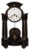 Ch. A. Schwamkrug, probably Austria, a high quality shelf or mantel clock, ebonized, hardwood portico style case with stamped brass ornaments, Roman numeral white enamel dial, nicely finished pierced and chamfered brass hands, two day time and strike movement with round plates, half deadbeat escapement, adjustable agate pallets, silk thread suspension, and well finished cadrature striking the hour and half hour on a gong, and repeating the hour on demand, movement back plate signed