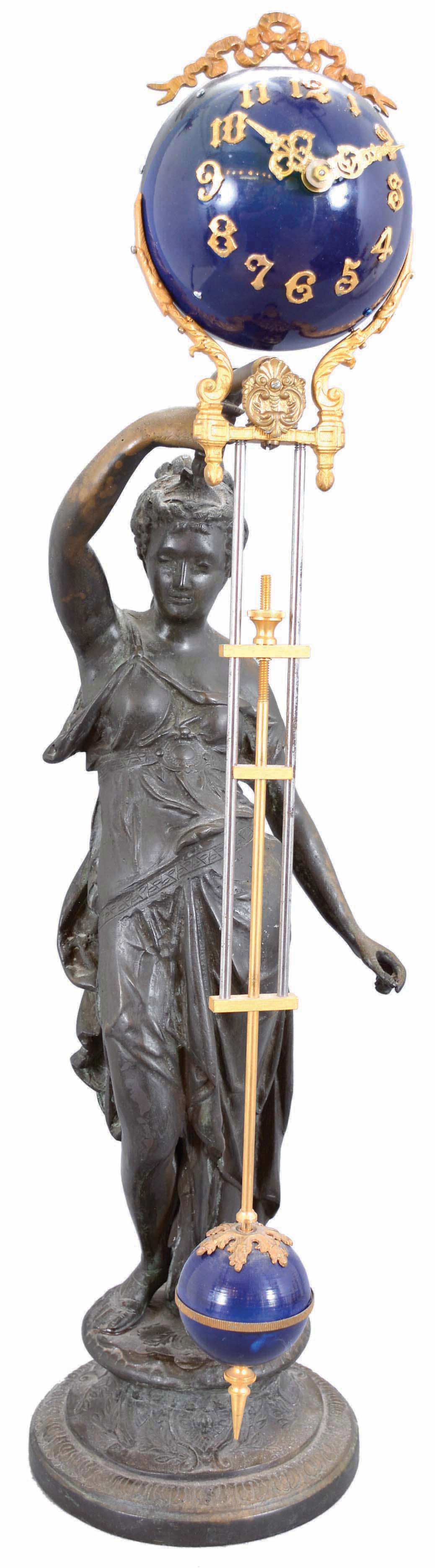 Asia, figural swinging mystery clock, 8 day, time only, spring driven reproduction movement in a cobalt blue sphere with applied Arabic numerals and ornate gold finished hands. Swinging arm hangs from a reproduction patinated brass female figure in classical dress standing on an integrated circular pedestal. — Antique Clocks Price Guide