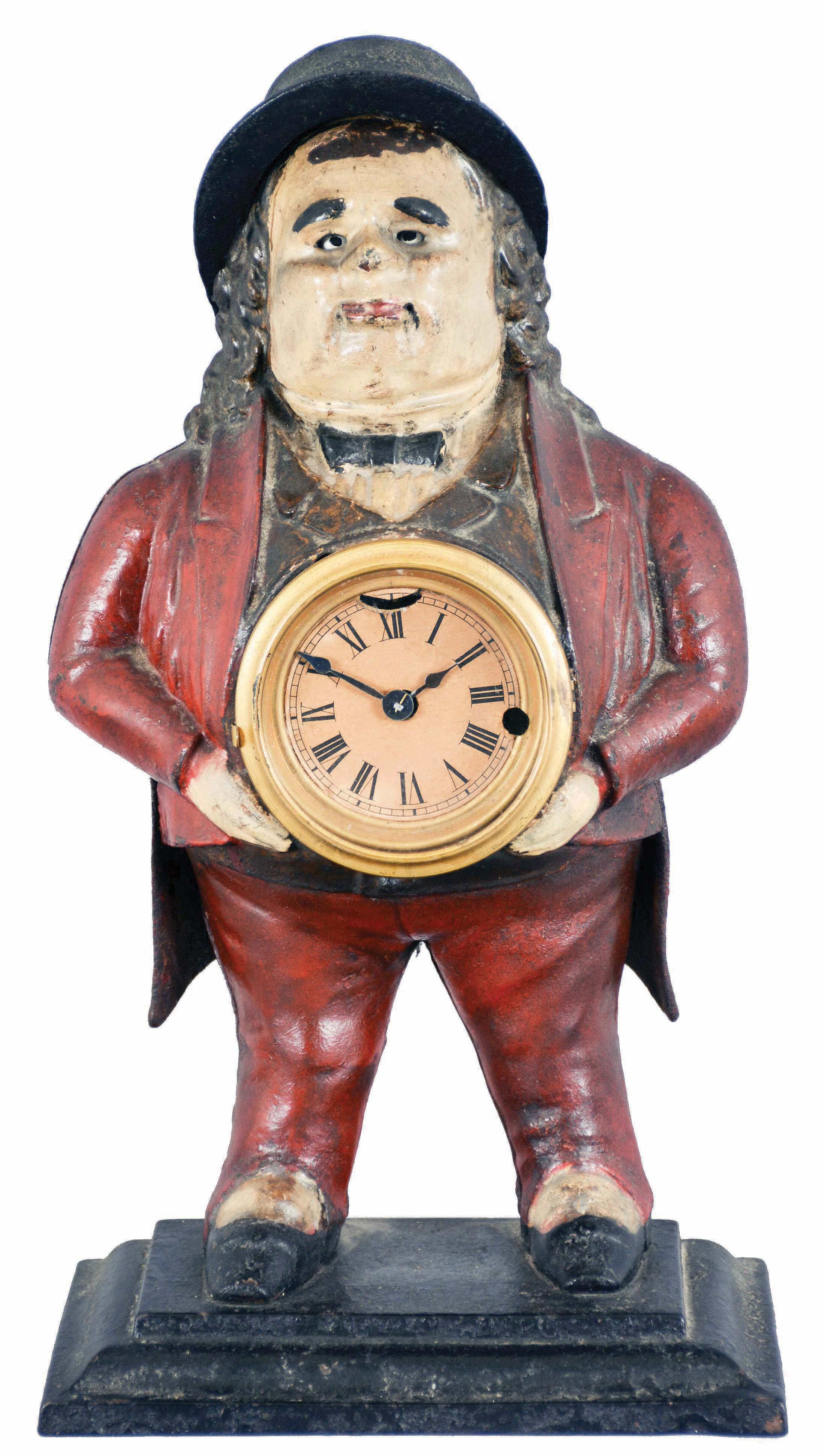 Unsigned (these were sold by the American Clock Co., Waterbury Clock Co. and others) "John Bull" blinking eye cast iron clock with a cast iron case cast by Bradley & Hubbard, Meriden, Conn., 30 hour lever timepiece movement. — Antique Clocks Price Guide