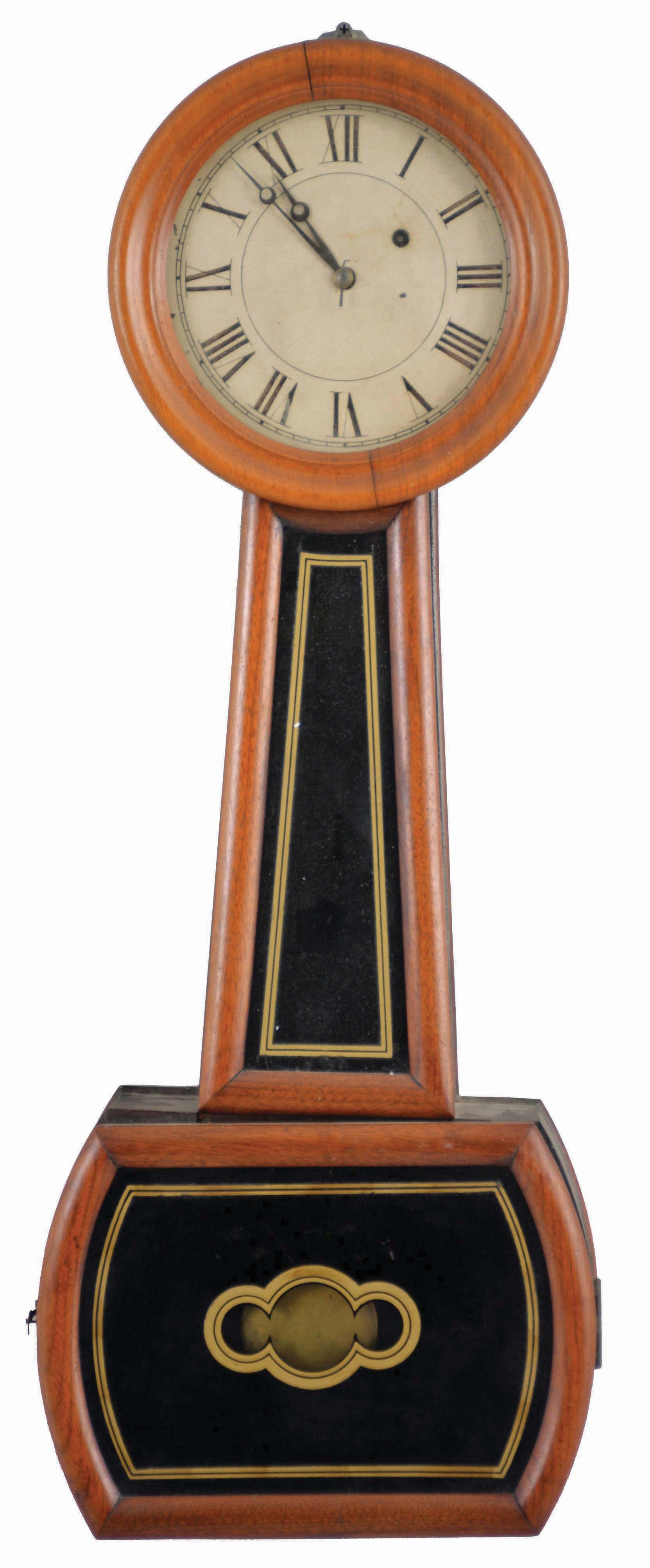 North Attleboro, Massachusetts "Banjo No. 5" Wall Clock with mahogany frames and tulip poplar carcass, roman numeral painted iron dial under a turned wooden bezel, half-round frames enclose black and gold glasses, eight day time only movement with recoil escapement, wooden pendulum rod, brass faced-bob and cast iron weight. — Antique Clocks Price Guide