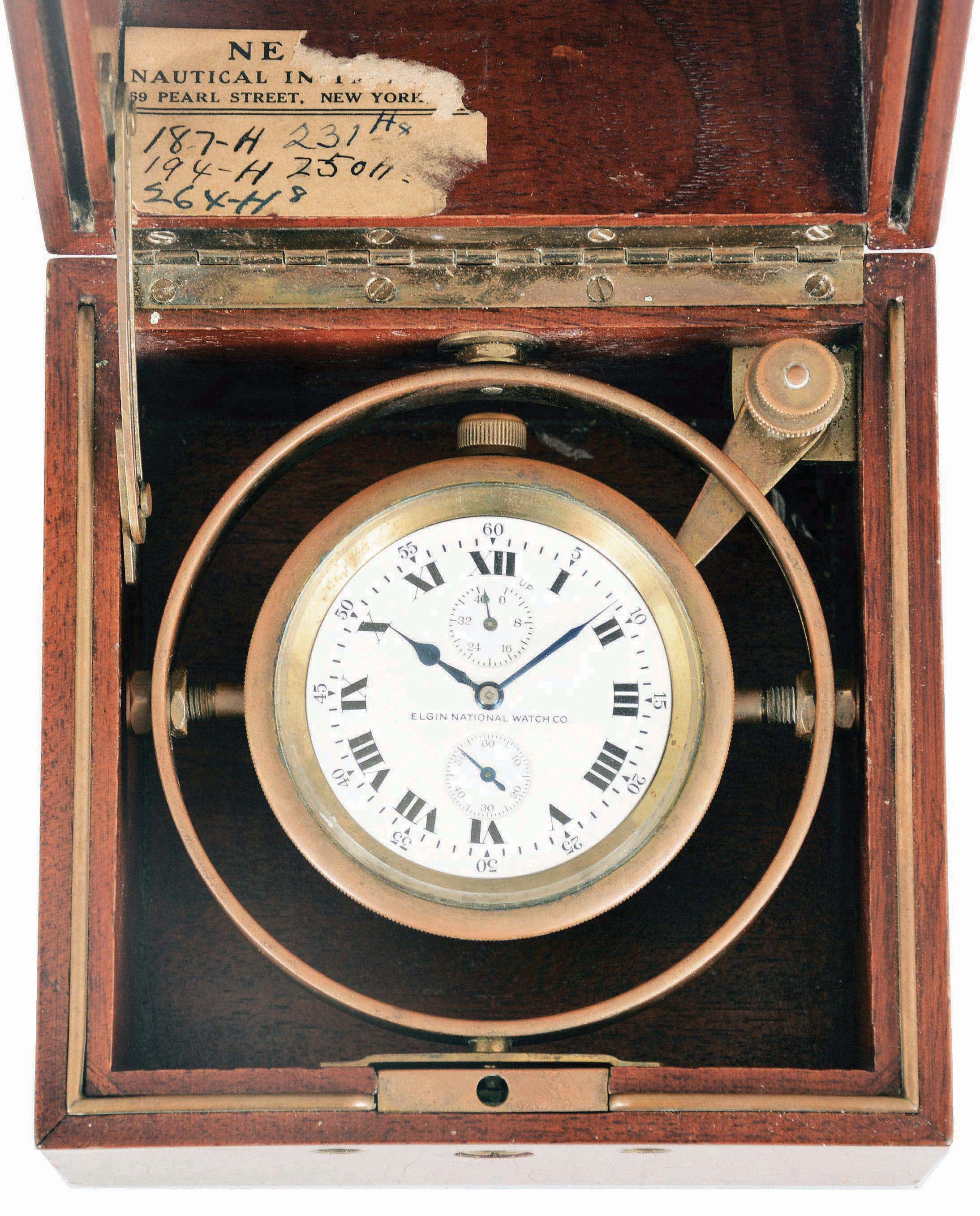 Elgin Watch Co., Elgin, Illinois, a feesprung Father Time deck watch with wind indicator, 18 size, 21 jewels, stem wind and lever set, adjusted, damascened, nickel plate movement with lever escapement, cut bimetallic balance, gold jewel settings and gold timing screws, with gimballed brass bowl, and contained in mahogany inner box, with outer cherry box, serial #21549335 — Antique Clocks Price Guide