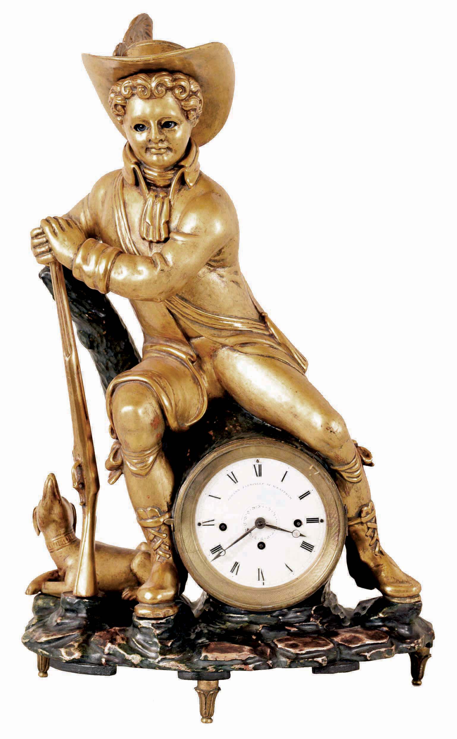 Johann Farbinger in Wessprim, Austrian blinking eye mantel clock with calendar, carved wooden case with gilt figure of a hunter, resting on a stump, with musket, and his dog at his feet, his eyes moving side to side as the clock runs, Roman numeral white enamel dial with day of month display at center, blued steel Breguet style hands, 2 day, three train grand sonnerie striking movement with silk thread suspension, all on gilt, foliate ornamented feet — Antique Clocks Price Guide