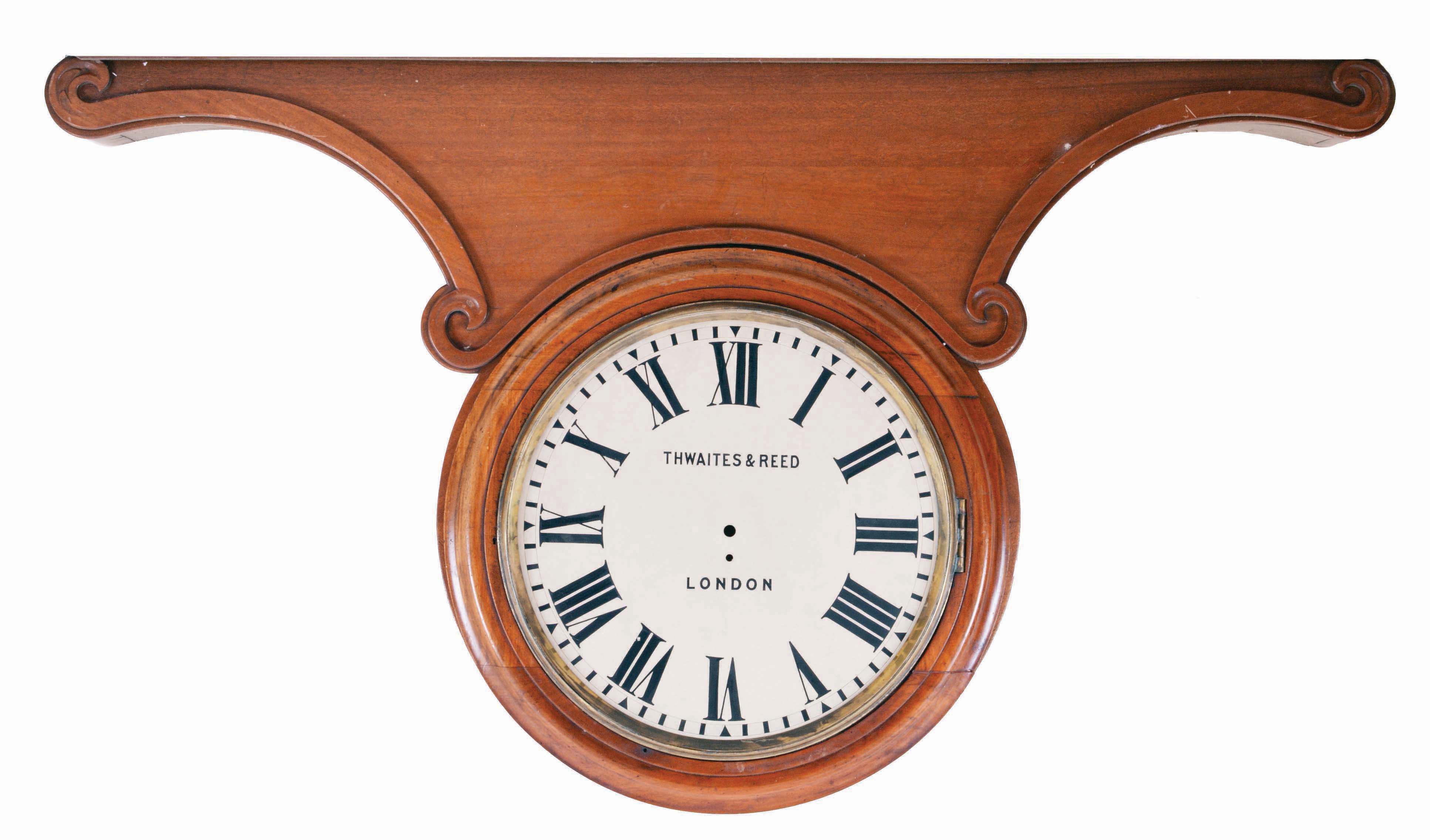 Thwaites and Reed hanging gallery clock, 8 day, time only, spring driven fusee movement in a mahogany case with painted metal dial — Antique Clocks Price Guide