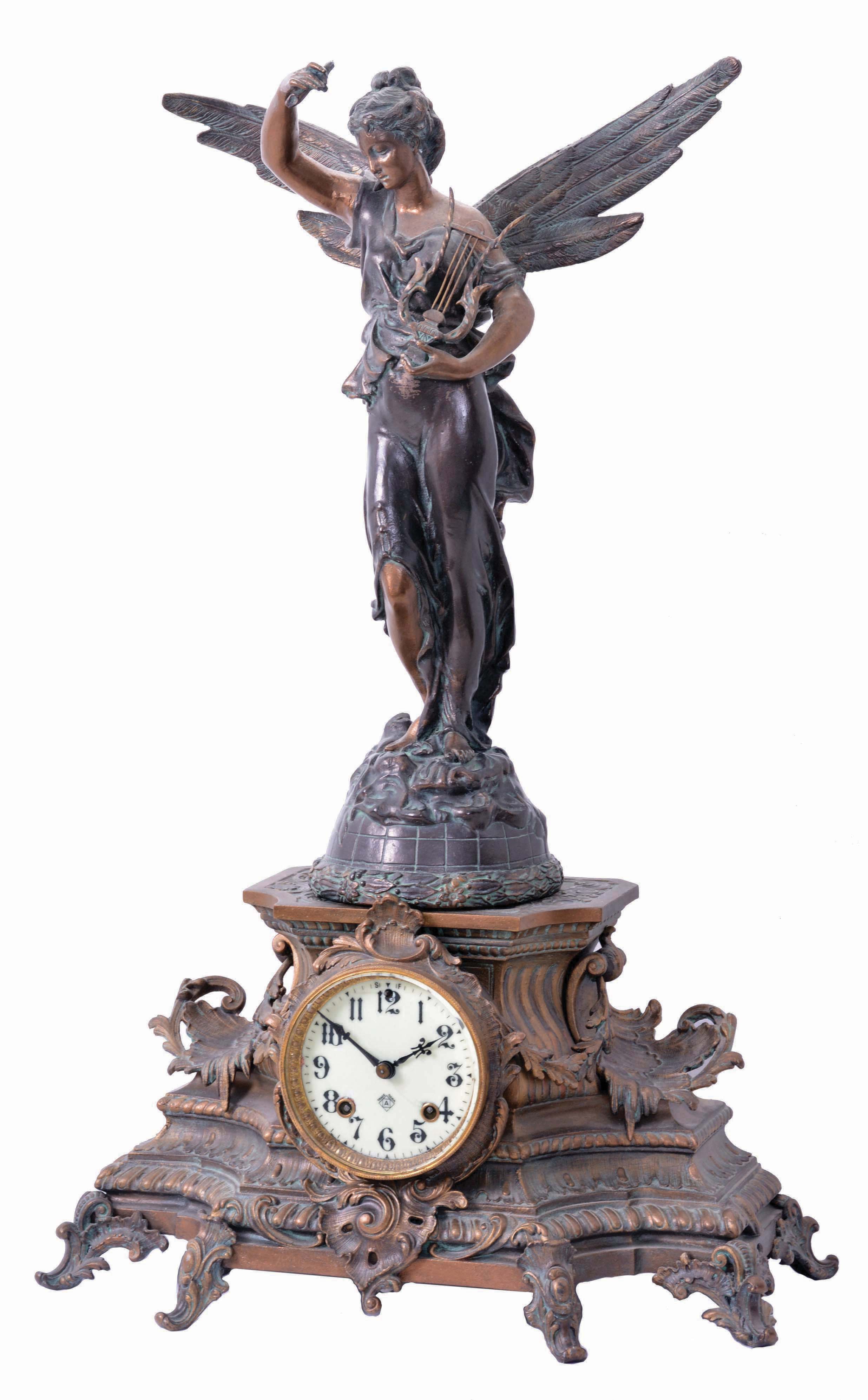 Ansonia Clock Co., New York, "Undine" 8 day, time and strike, spring driven brass movement mantel clock with a figure of "Gloria" on top. — Antique Clocks Price Guide