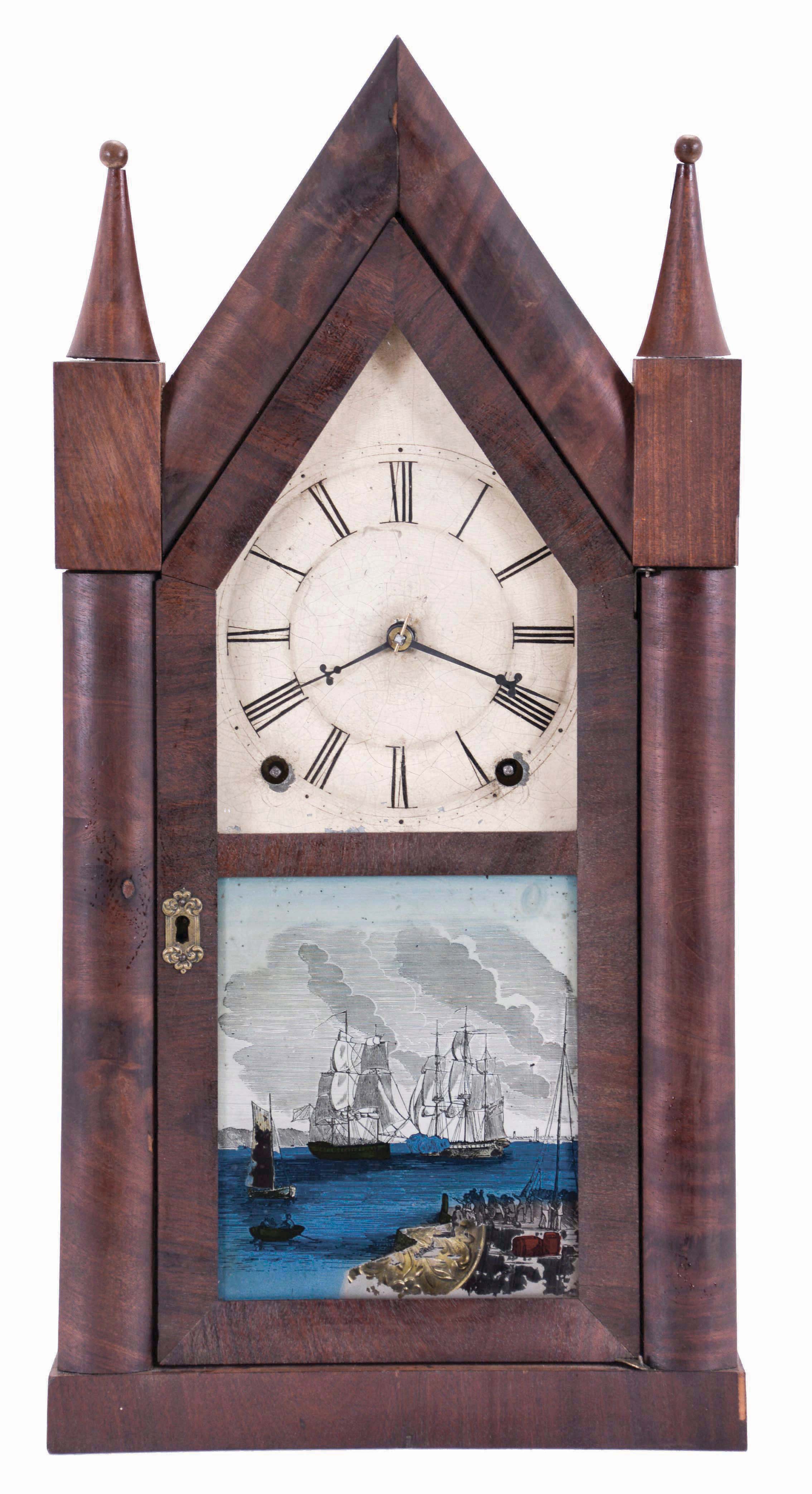 Terry & Andrews, Bristol, Conn., 8 day, time and strike, spring driven movement Sharp Gothic or steeple clock with brass springs. — Antique Clocks Price Guide