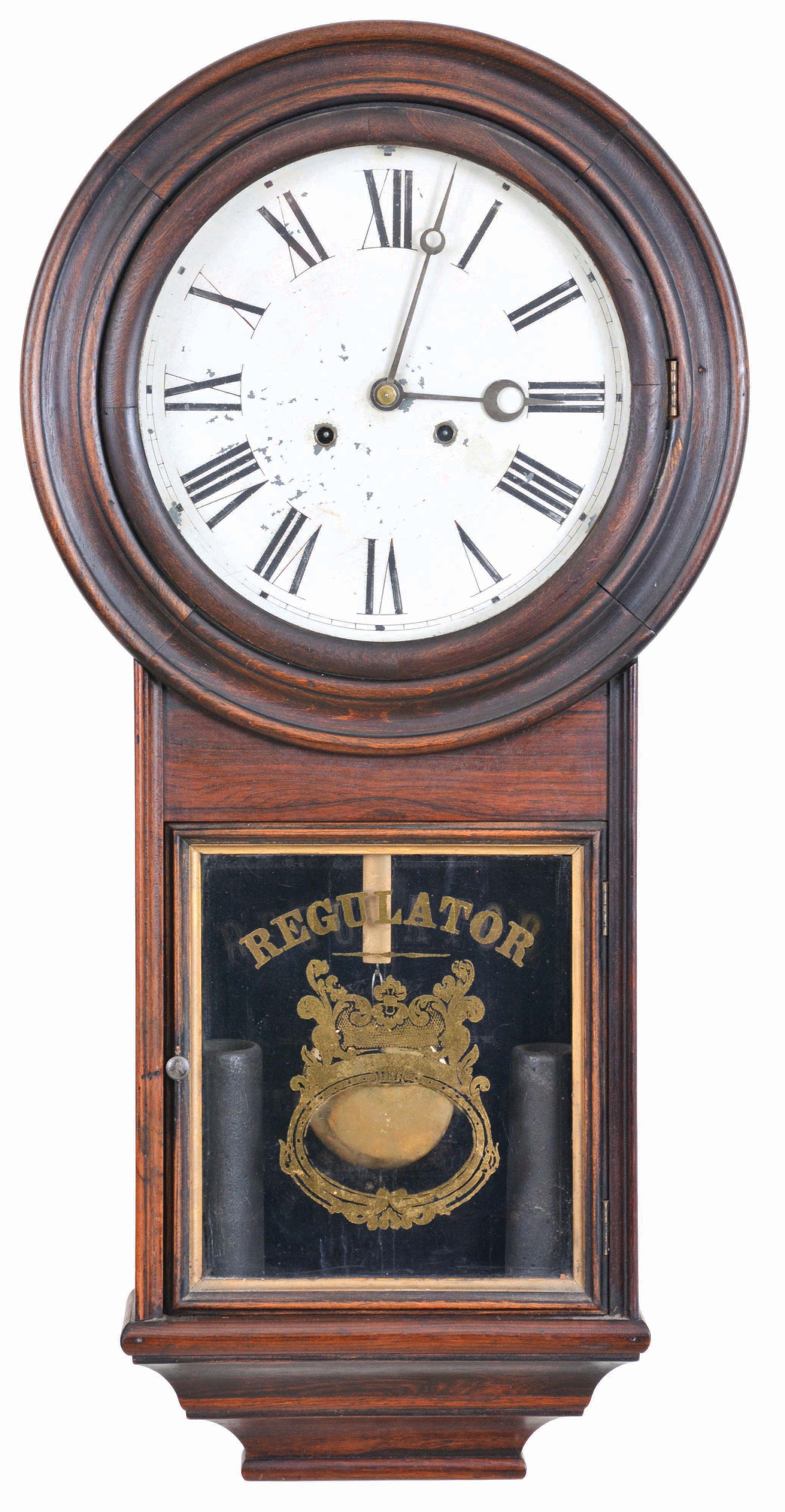 Welch, Spring & Co., Forestville, Conn., "Regulator No. 3", 8 day, weight brass wall timepiece. — Antique Clocks Price Guide