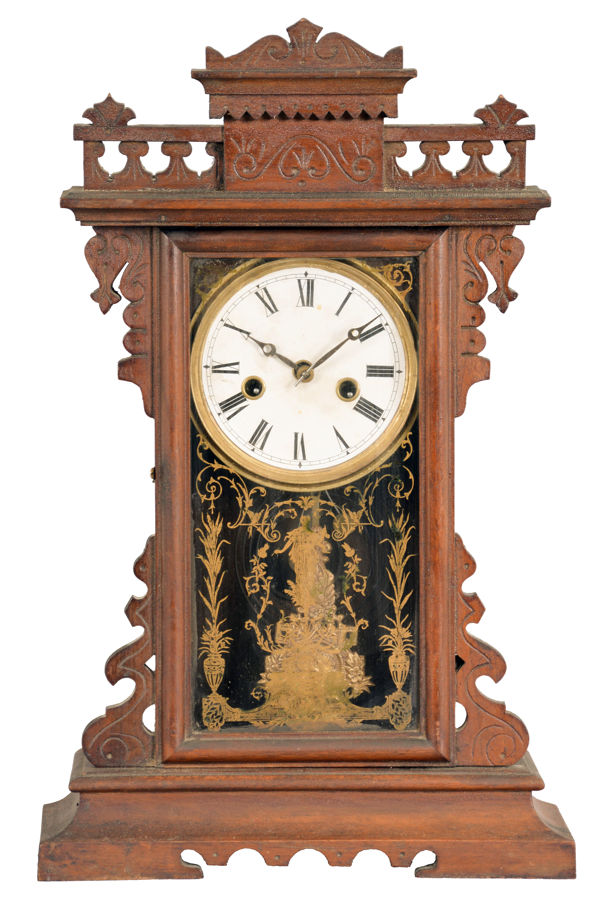 Clocks- 2 (Two) American: (1) wall clock with Waterbury Clock Co. No. 22, time only, double weight driven movement in associated period mahogany case; (2) E. N. Welch Mfg. Co., Forestville, Conn., "Violet", 30 hour, time and strike, spring brass movement shelf clock — Antique Clocks Price Guide
