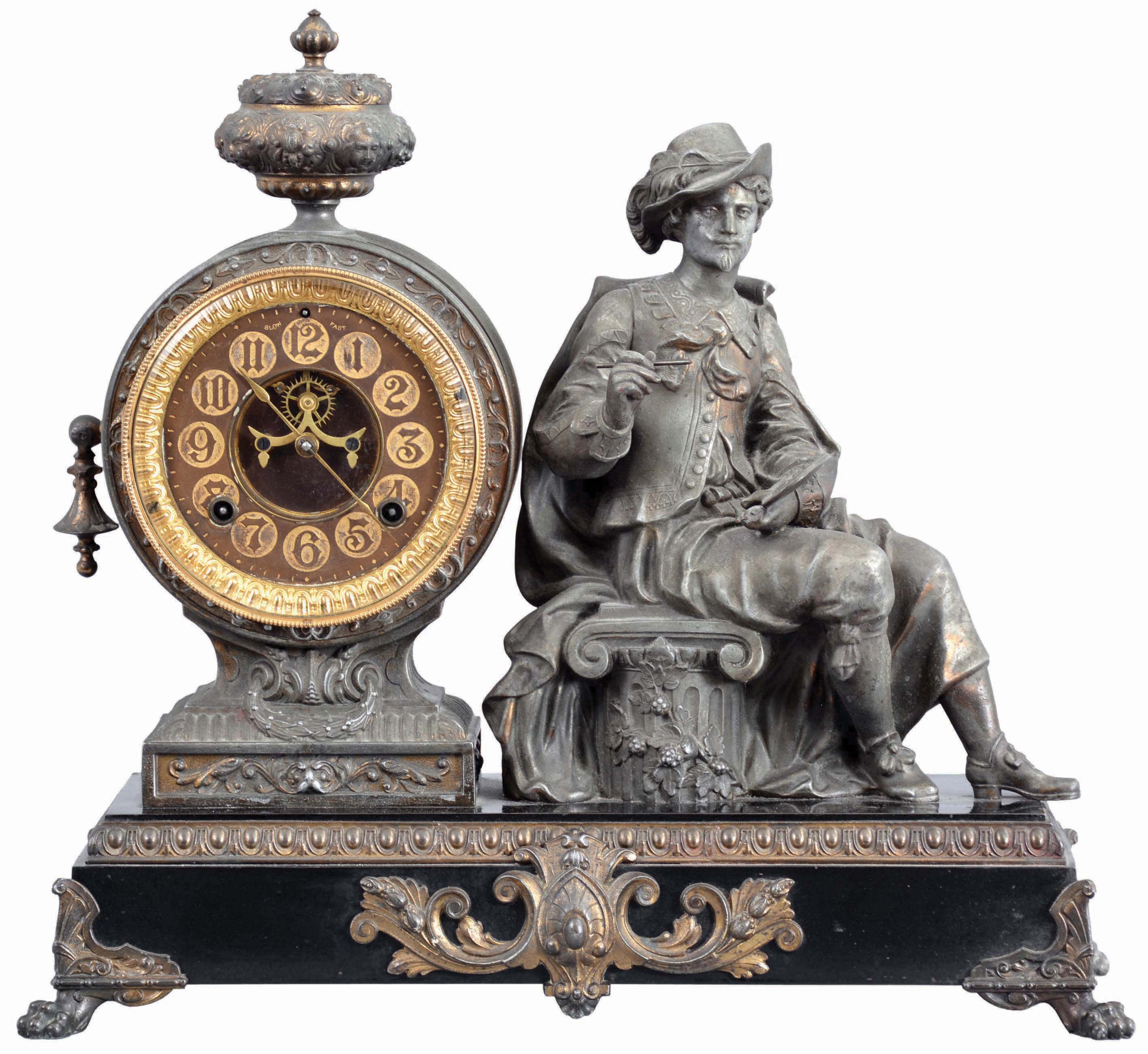 Ansonia Clock Co., New York, "Reubens" Figure Clock with a spring driven, 8 day, time and strike movement visible escapement) in a cast metal and enameled iron case. — Antique Clocks Price Guide