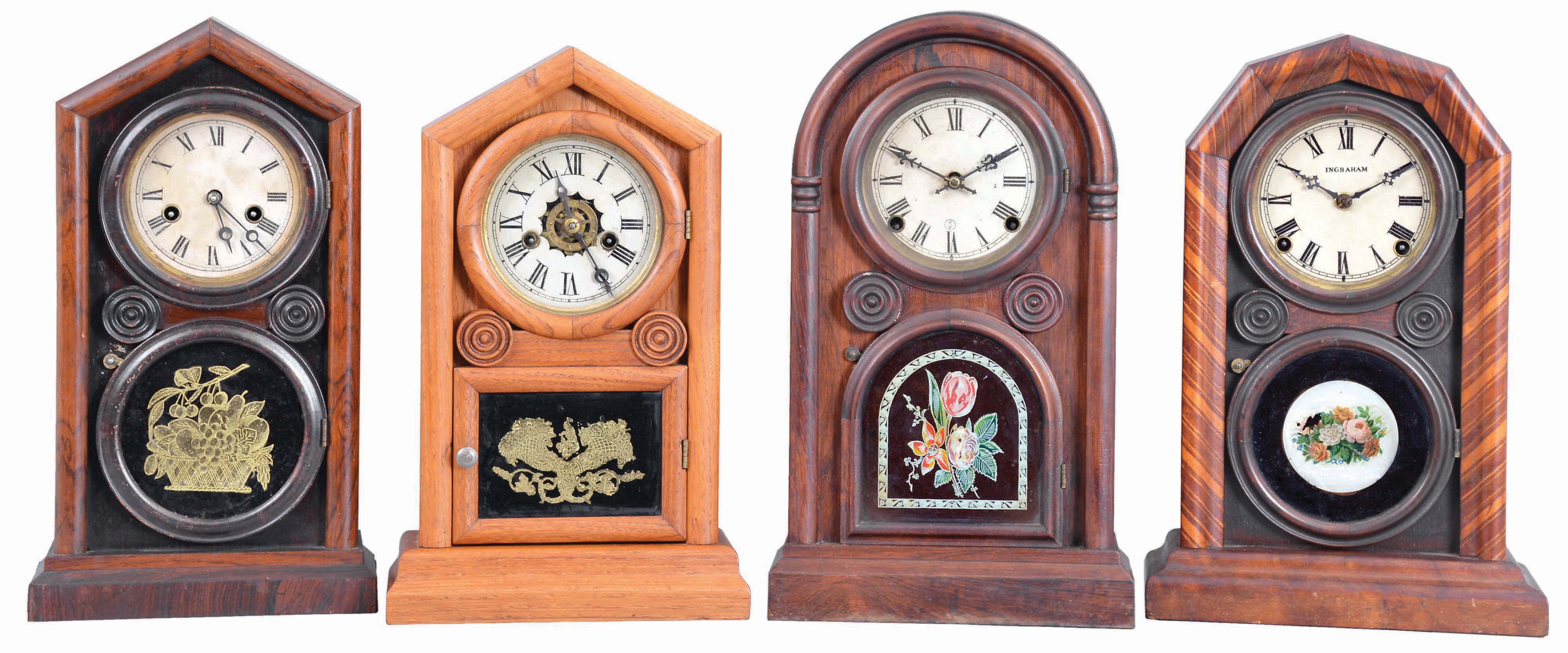 Clocks- 4 (Four): (1) E. Ingraham & Co., Bristol, Conn., "Doric" shelf clock with a spring driven 30 hour time and strike movement in a rosewood veneered case, c1880; (2) E. Ingraham & Co., Bristol, Conn., "Octagon Doric Mosaic" shelf clock with a spring driven, 8 day, time and strike movement in a mahogany veneered case, c1880. (3) E. N. Welch Mfg. Co., Forestville, Conn., unidentified model shelf clock with a spring driven 30 hour time, strike and alarm movement in an oak case, c1860. (4) Noah Pomeroy, Bristol, Conn., unidentified model shelf clock with a spring driven, 8 day, time and strike movement in a rosewood veneered case, c1870. — Antique Clocks Price Guide