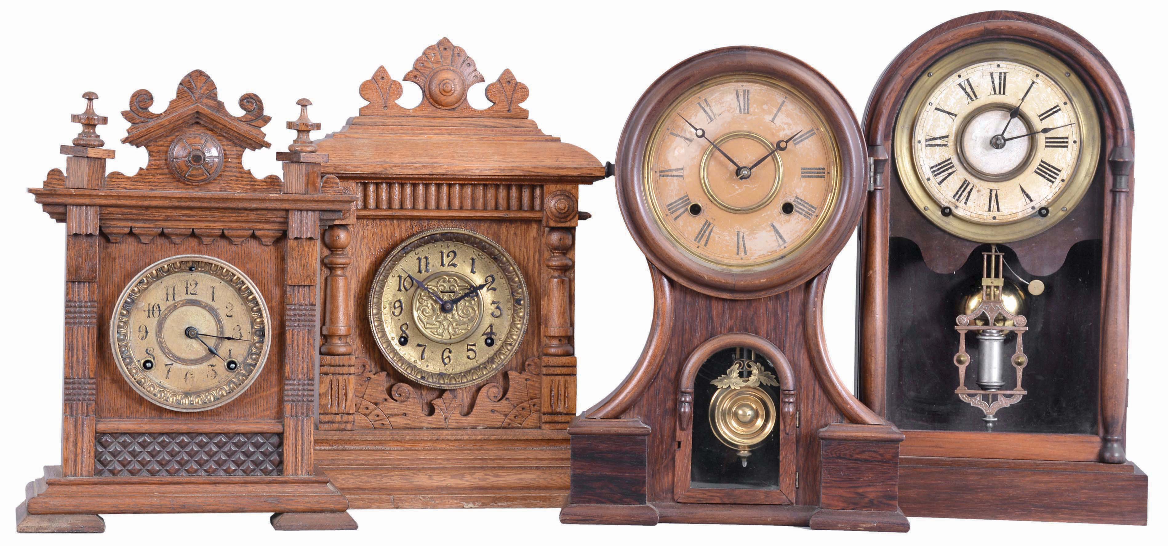 Clocks- 4 (Four): (1) Ansonia Clock Co., New York, "Salem" cabinet shelf clock with a spring driven, 8 day, time and strike movement in a solid oak case, c1894; (2) E. Ingraham & Co. unidentified model cabinet shelf clock with a spring driven, 8 day, time and strike movement in a solid oak case, c1893. (3) E, Ingraham & Co., Bristol, Conn., "Huron" shelf clock with a spring driven, 8 day, time and strike movement in a rosewood veneered case, c1880. (4) Unidentified shelf clock with an Seth Thomas spring driven, 8 day, time and strike movement in a rosewood veneered case, c1885. — Antique Clocks Price Guide