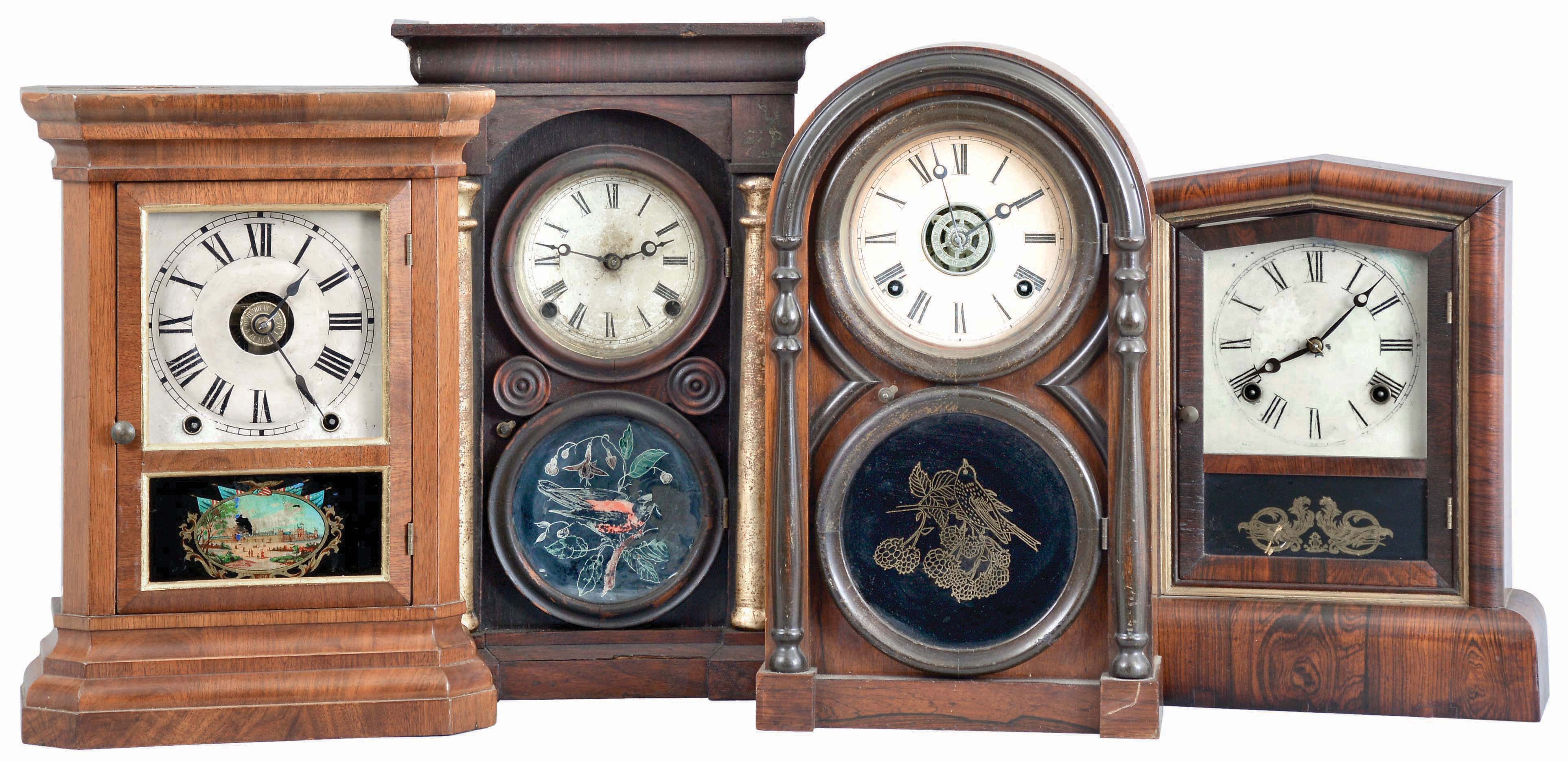 Clocks- 4 (Four): (1) Seth Thomas Clock Co., Thomaston, Conn., "St. Louis" shelf clock with a spring driven, 8 day time, strike and alarm movement in a walnut case, c1884; (2) Welch, Spring & Co., Forestville, Conn., "Peerless" shelf clock with a spring driven, 8 day, time and strike movement in a rosewood veneered case, c1872. (3) Atkins Clock Co., Bristol, Conn., "Round Top #2" shelf clock with a spring driven, 8 day time, strike and alarm movement in a rosewood veneered case, c1873. (4) E. Ingraham & Co., Bristol, Conn., "Arch Column No. 1" shelf clock with a spring driven, 8 day, time and strike movement in a rosewood veneered case, c1865. — Antique Clocks Price Guide