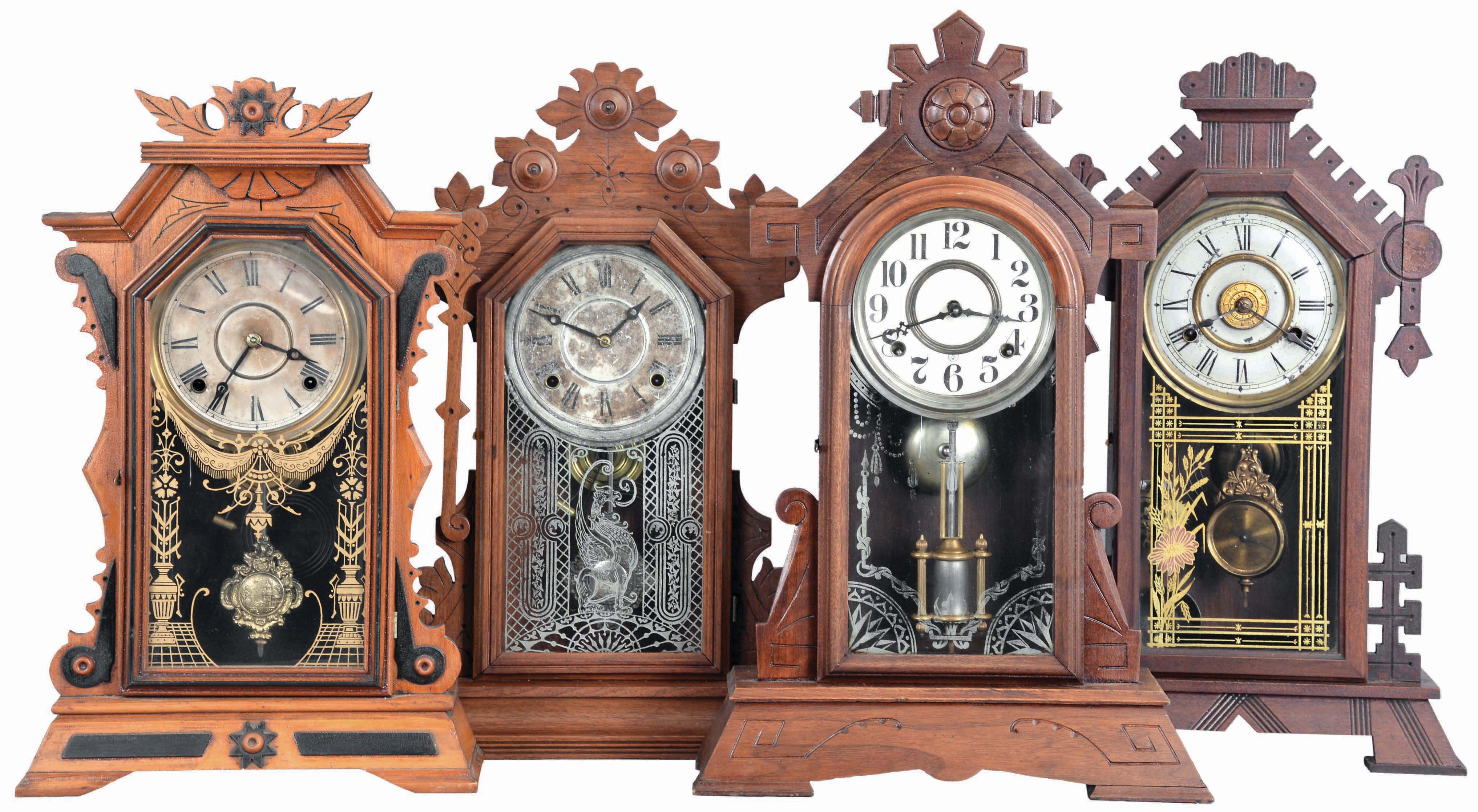 Clocks- 4 (Four): (1) E. Ingraham & Co., Bristol, Conn., "Faultless" shelf clock with a spring driven, 8 day, time and strike movement in a light wood case with black ornaments, c1884; (2) New Haven Clock Co., New Haven, Conn., "Euphrates" shelf clock with a spring driven, 8 day time, strike and alarm movement in a black walnut case, c1885. (3) E. Ingraham Clock Co., unidentified shelf clock with a spring driven, 8 day, time and strike movement in a walnut case, c1885. (4) Gilbert Clock Co., Winsted, Conn., "Nereid" shelf clock with a spring driven, 8 day, time and strike movement in a walnut case, c1881. — Antique Clocks Price Guide