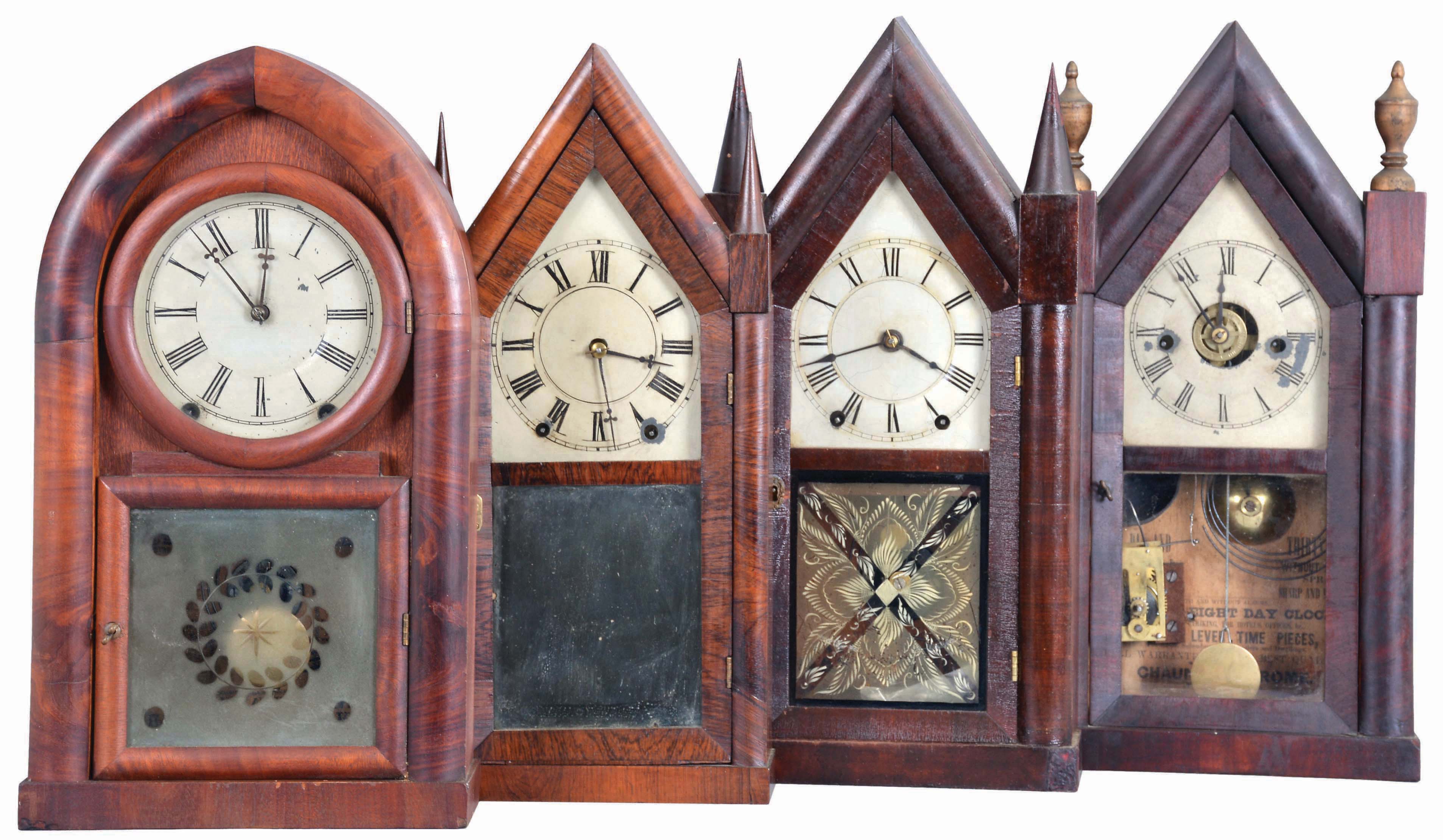 Clocks- 4 (Four): (1) Brewster & Ingrahams, Bristol, Conn., Steeple shelf clock with a spring driven 30 hour time and strike movement (iron back plate) in a mahogany veneered case, c1850; (2) Chauncey Jerome, New Haven, Conn., Steeple shelf clock with a spring driven 30 hour time, strike & alarm movement in a mahogany veneered case, c1845. (3) Brewster & Ingrahams, Bristol, Conn., Steeple shelf clock with a spring driven 30 hour time and strike movement in a rosewood veneered case, c1850. (4) Daniel Pratt & Sons, Reading, Mass., "Beehive" shelf clock with a spring driven, 8 day, time and strike movement in a mahogany veneered case, c1855. — Antique Clocks Price Guide