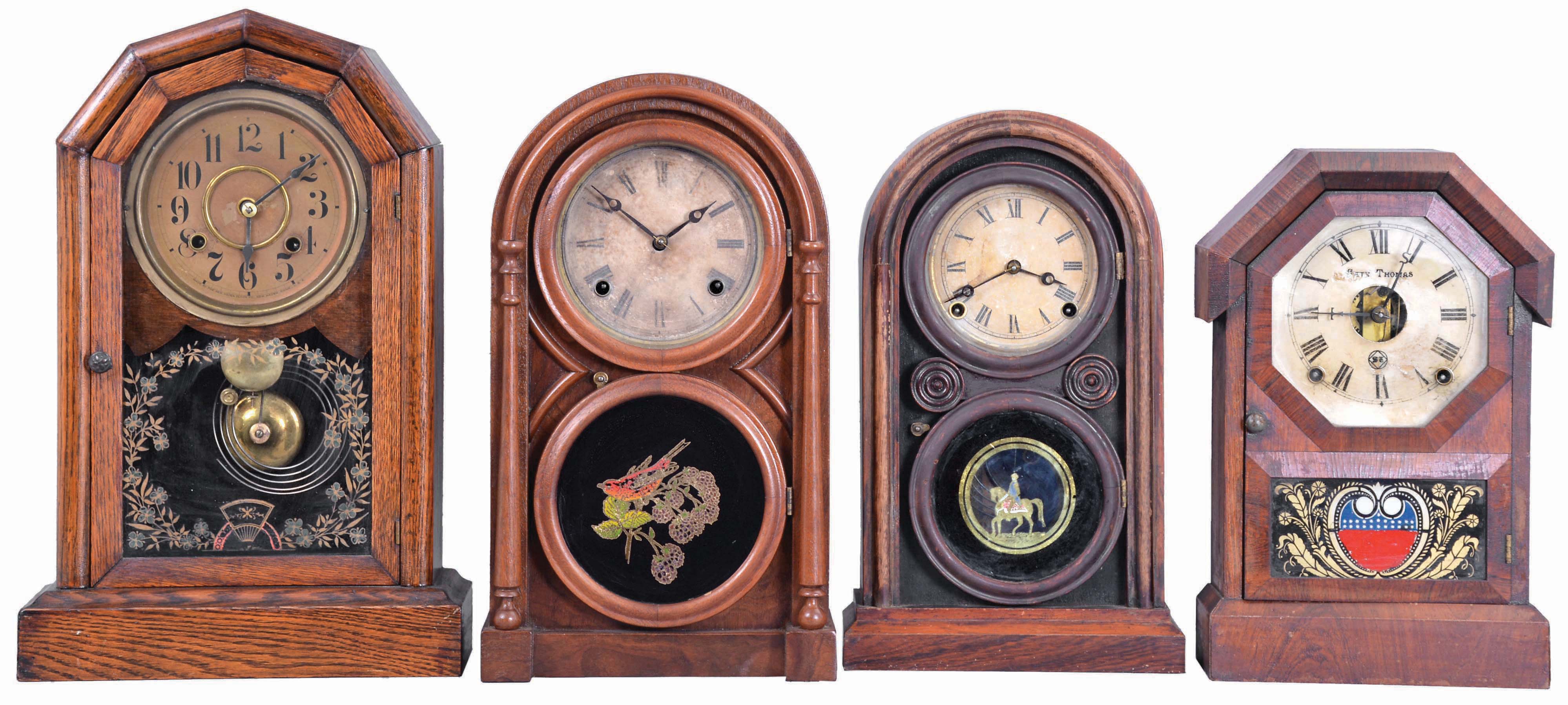 Clocks- 4 (Four): (1) Seth Thomas Clock Co., Plymouth Hollow, Conn., "Octagon Top" shelf clock with a spring driven, 8 day, time and strike lyre movement in a rosewood veneered case, c1865; (2) E. Ingraham & Co., Bristol, Conn., "Venetian" shelf clock with a spring driven, 8 day time & strike movement in a rosewood veneered case, c1875. (3) Atkins Clock Co., Bristol, Conn., "Round Top" shelf clock with a spring driven, 8 day, time and strike movement in a mahogany veneered case, c1875. (4) New Haven Clock Co., New Haven, Conn., "No. 254" shelf clock with a spring driven, 8 day, time and strike movement in an oak case, c1890. — Antique Clocks Price Guide