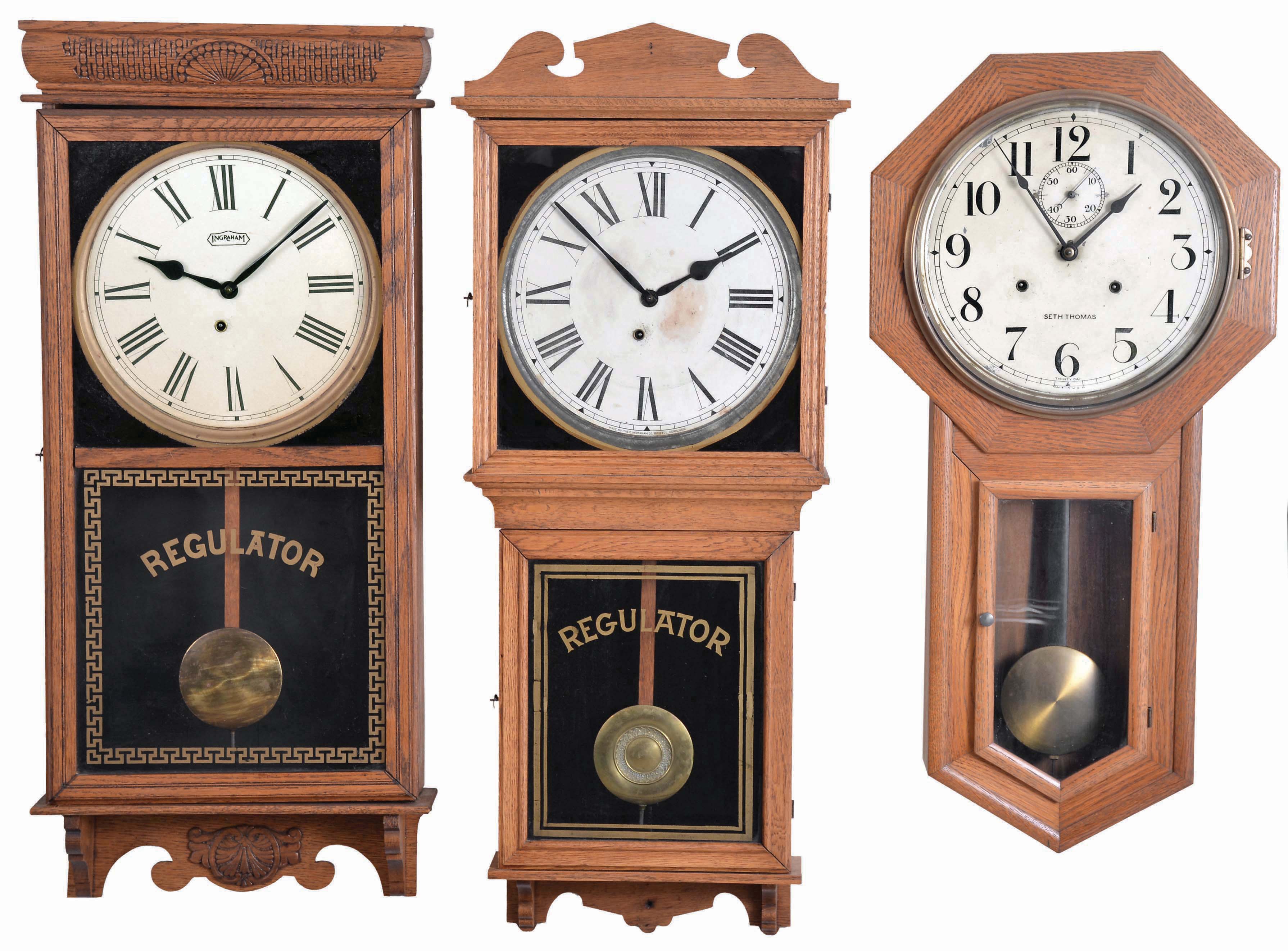 Clocks- 4 (Four): (1) E. Ingraham Co., Bristol, Conn., "Western Union" hanging clock with a spring driven, 8 day timepiece movement in a solid oak case, c1905; (2) E. Ingraham Co., Bristol, Conn., "Reliance" hanging clock with a spring driven, 8 day timepiece movement in a solid oak case, c1911; (3) Seth Thomas Clock Co., Thomaston, Conn., "World" hanging clock with a spring driven double wind 30 day timepiece movement in an oak case, c1921; (4) Bench made wall clock with E. Howard & Co., NO. 5, 8 day, weight driven, time only nickel plated movement and Howard damascened pendulum bob with painted metal dial. — Antique Clocks Price Guide