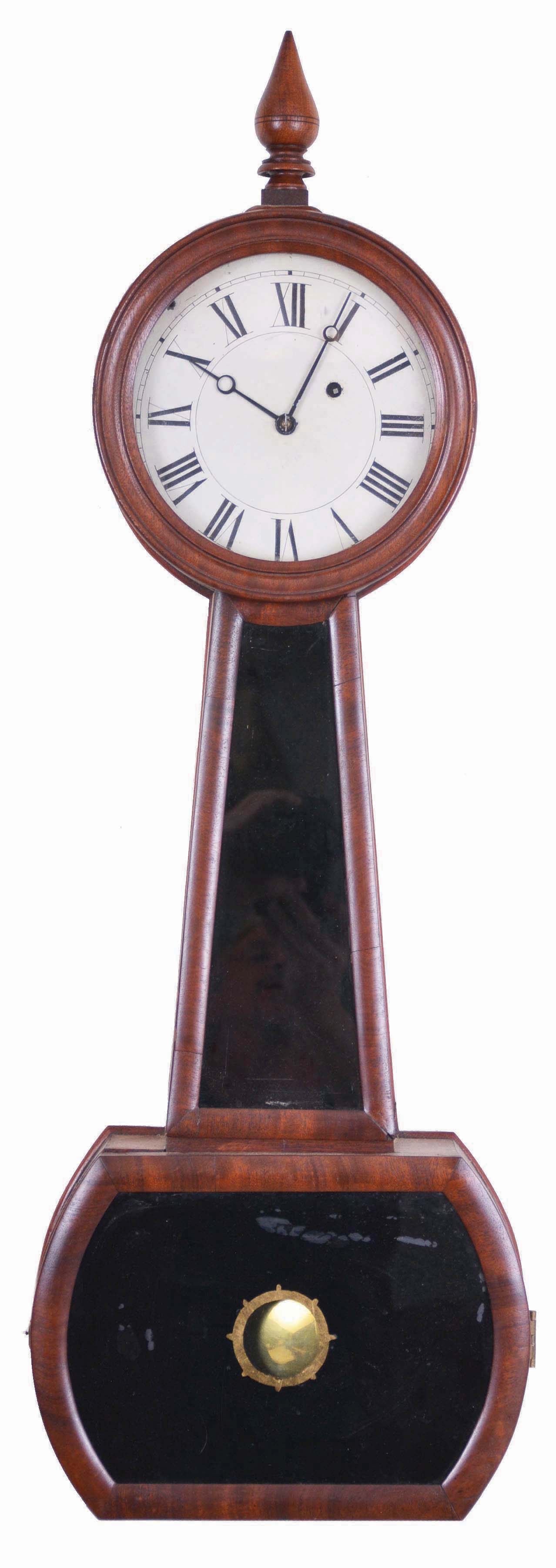 Clocks- 3 (Three) American Banjo Wall Clocks: (1) Unknown, possibly an Attleboro patent or Banjo clock or timepiece, 8 day, weight driven brass movement in a plain walnut case with painted metal dial; (2) Attributed to Horace Tifft, North Attleboro, Mass. Patent or Banjo timepiece, 8 day, weight driven, brass movement with painted metal dial in a mahogany case. (3) Daniel Pratt & Sons, Reading, Mass., Banjo timepiece, 8 day, weight driven brass movement. — Antique Clocks Price Guide