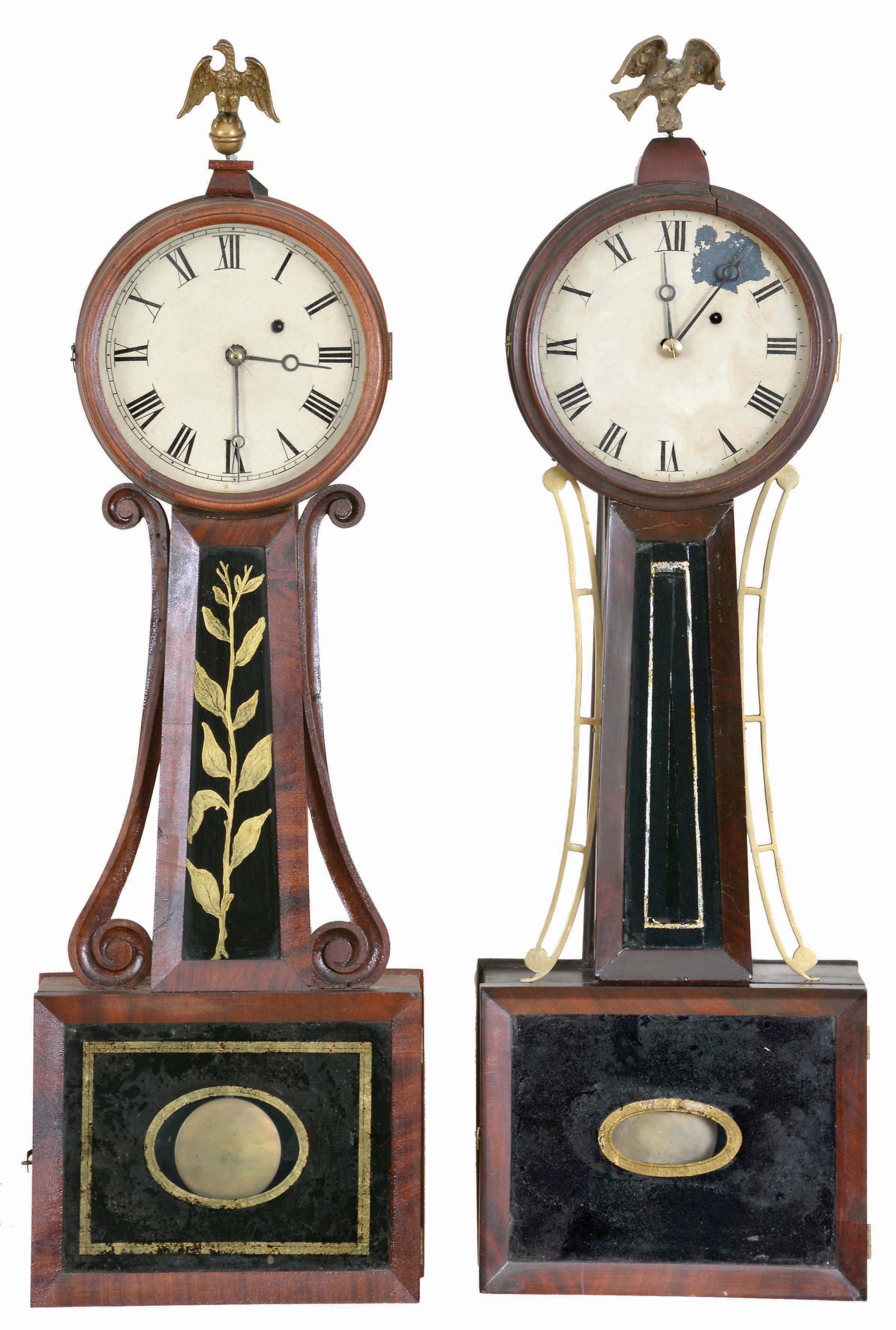 Clocks- 2 (Two): (1) Massachusetts, North Attleboro-style, 8 day, weight brass movement Patent or banjo timepiece; (2) Massachusetts, North Attleboro-style, 8 day, weight brass movement Patent or banjo timepiece. Based on the door latches these could both be timepieces made by Horace Tifft. — Antique Clocks Price Guide