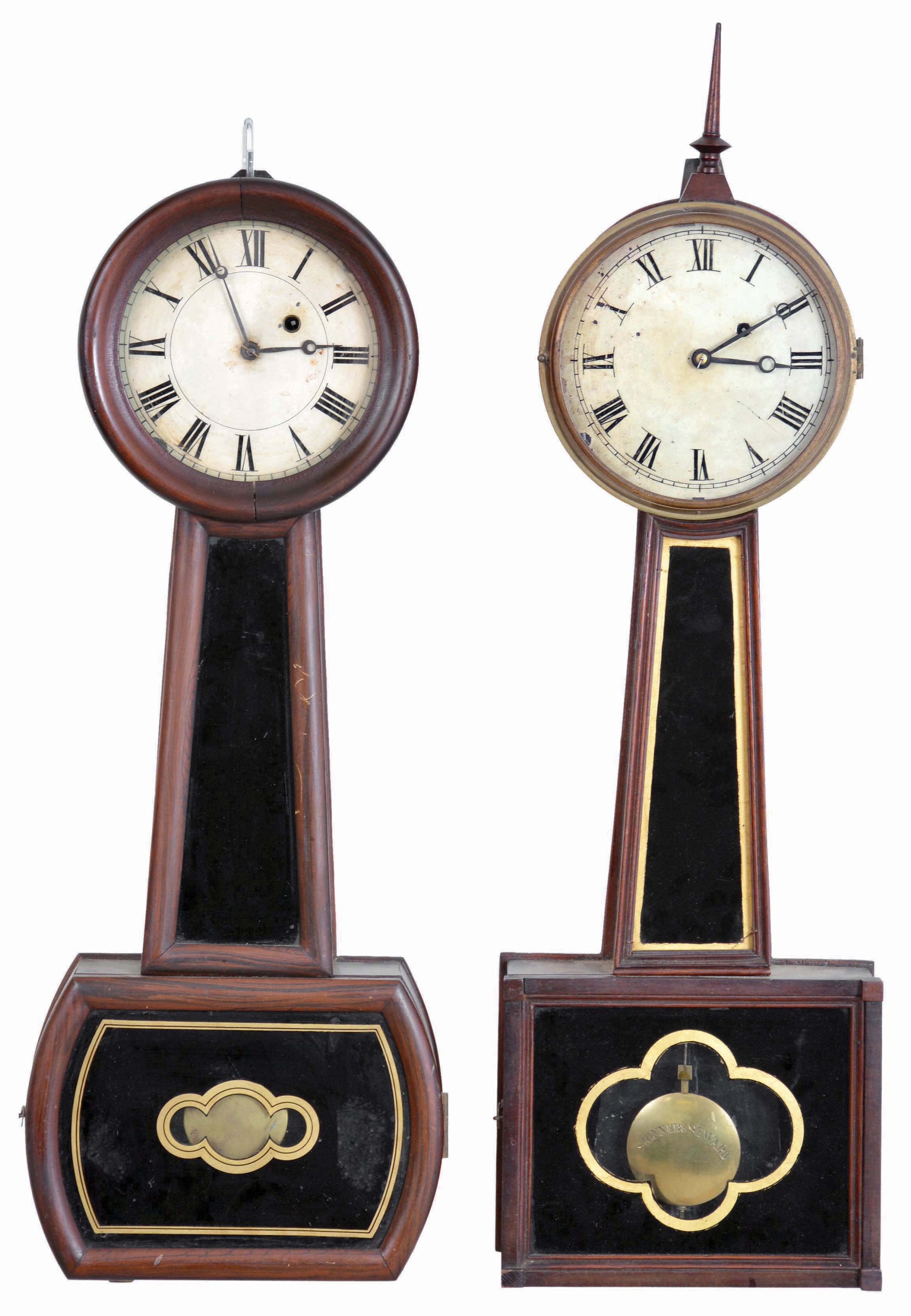 Clocks- 2 (Two): (1) Skinner & Seward, Boston, Mass., 8 day, weight brass movement patent or banjo timepiece, c1832; (2) Boston, Mass., 8 day, weight brass movement patent or banjo timepiece, c1860 — Antique Clocks Price Guide