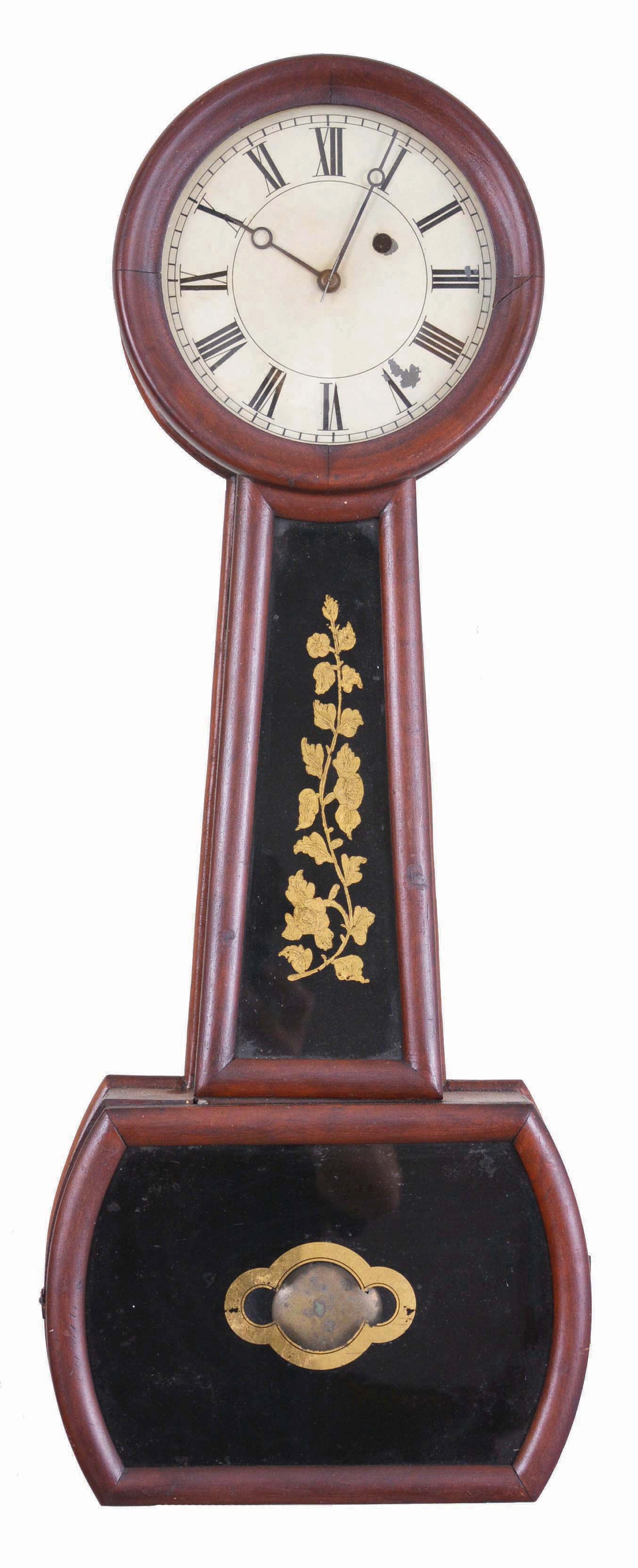 Clocks- 2 (Two) American Banjo Wall Clocks: (1) J. J. Beals Haymarket Square, Boston, banjo clock or patent timepiece, 8 day, weight driven in a mahogany case with painted metal dial; (2) Attleboro, Mass., Banjo wall clock, 8 days, time only, weight driven movement with a mahogany case with a painted metal dial and reverse painted throat and lower tablets. — Antique Clocks Price Guide