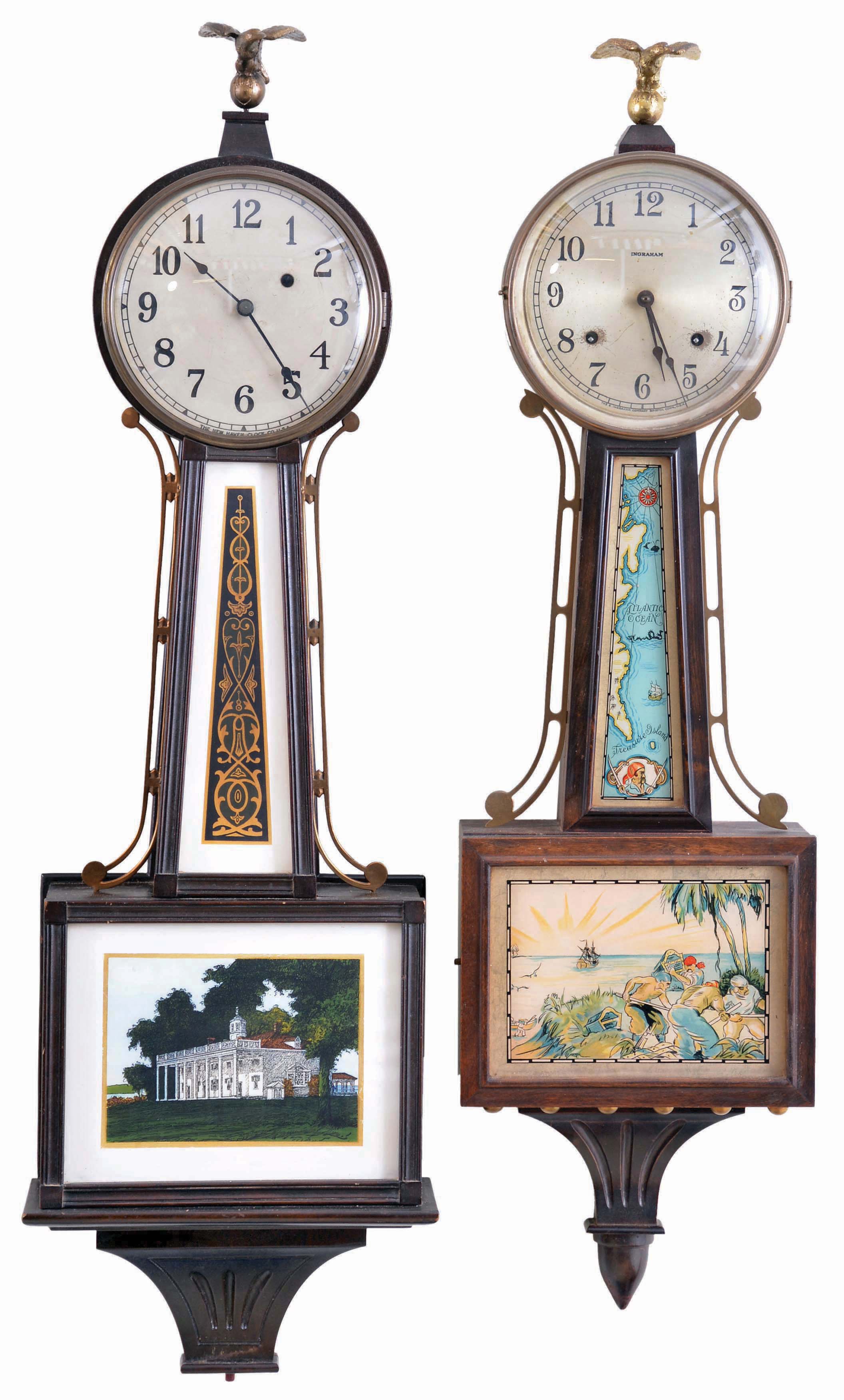 Clocks- 2 (Two): (1) E. Ingraham & Co., Bristol, Conn., "Treasure", 8 day, time and strike, spring brass movement patent or banjo clock. This clock is sometime referred to as the "Treasure Island", c1930; (2) New Haven Clock Co., New Haven, Conn., "Willard", 8 day, weight brass patent or banjo timepiece, c1929. — Antique Clocks Price Guide