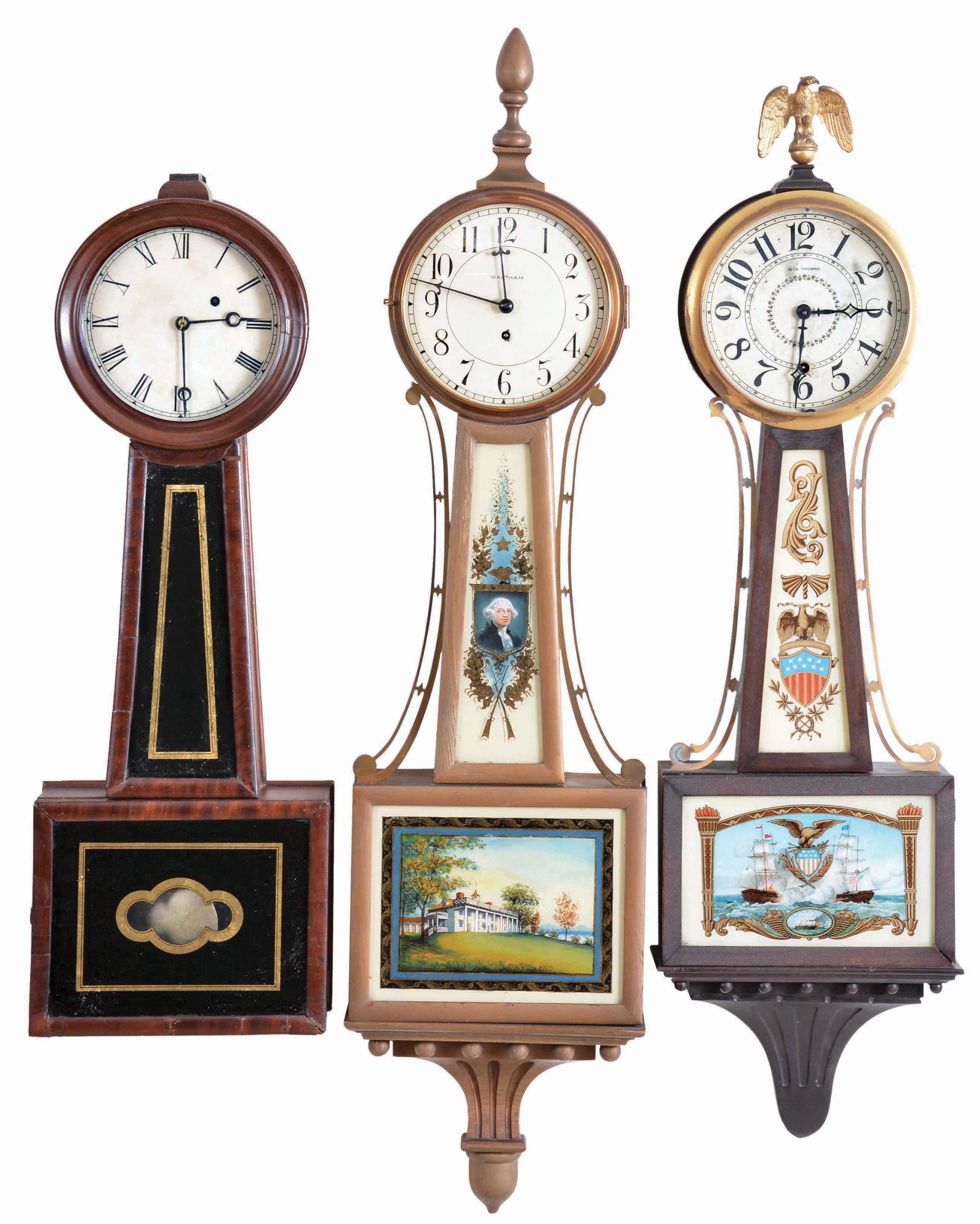 Clocks- 3 (Three): (1) Massachusetts, 8 day, weight brass movement patent or banjo timepiece. This timepiece may have been made by Horace Tifft, North Attleboro based on the bottom door latch, c1840; (2) Waltham Watch Co., Waltham, Mass., 8 day, weight brass lever movement patent or banjo timepiece, c1930 (3) Seth Thomas Clock Co., Thomaston, Conn., "Banjo No. 1", 8 day, spring brass movement patent or banjo timepiece, c1924. — Antique Clocks Price Guide