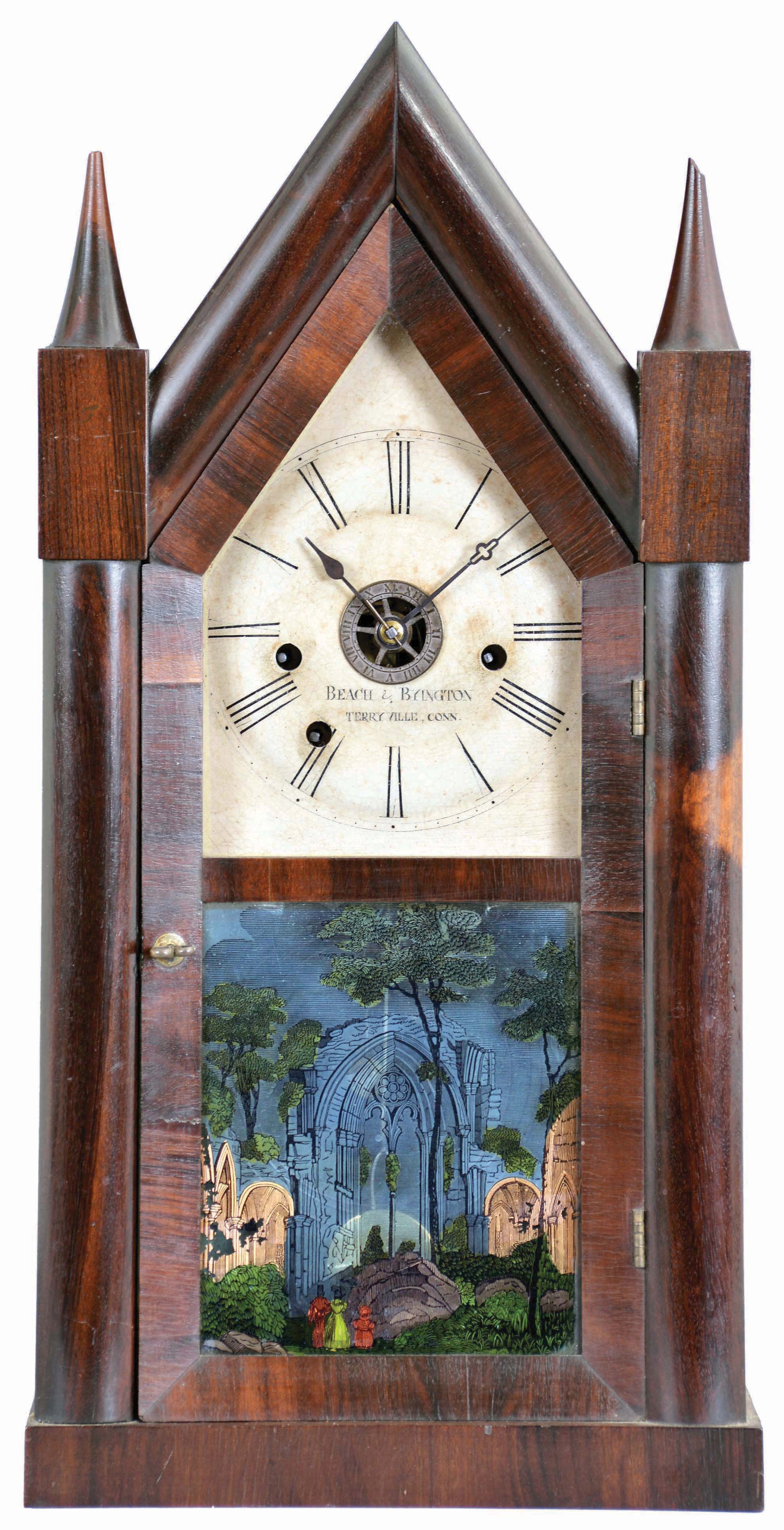 Beach and Byington, Terryville, Conn., steeple clock with a double fusee 30 hour time, strike and alarm movement in a rosewood veneered case. — Antique Clocks Price Guide