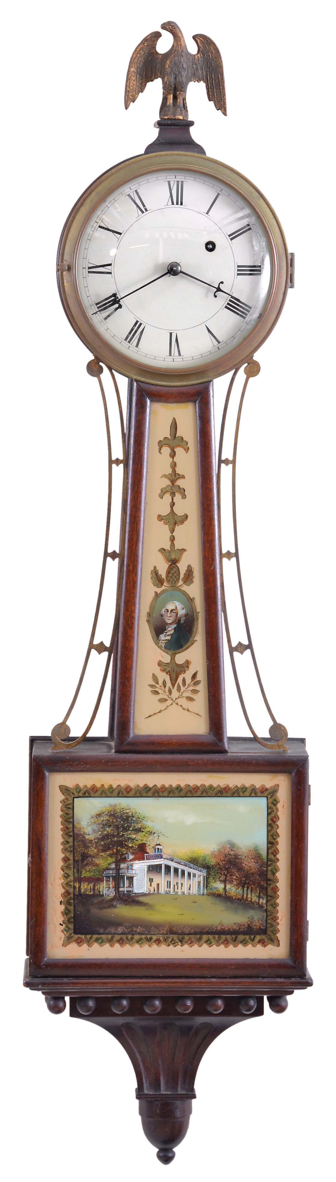 Eastman Clock Co., Boston, Mass. 8 day, weight brass movement patent or banjo timepiece. — Antique Clocks Price Guide