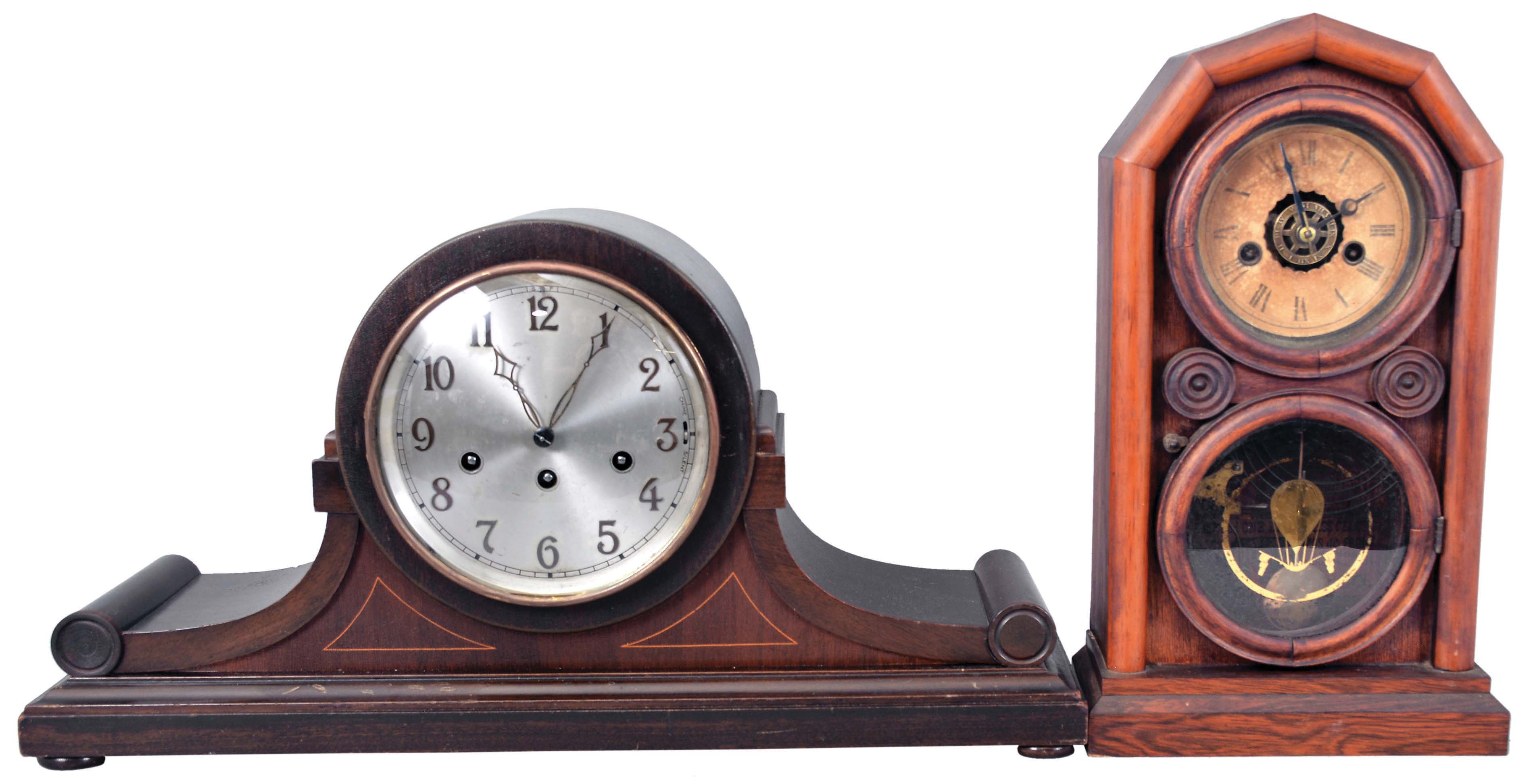 Clocks- 4 (Four) Mantel: (1) Junghans, Germany, 8 day spring driven, three train chiming mantel clock; (2) Ansonia Clock Co., NY, 8 day spring driven, time & strike clock in a black iron case; (3) Ingraham, Briston, Conn., "Doric", 30 hour spring driven, time & strike with alarm; (4) France, 8 day spring driven, time only mantel clock in a black marble case. — Antique Clocks Price Guide