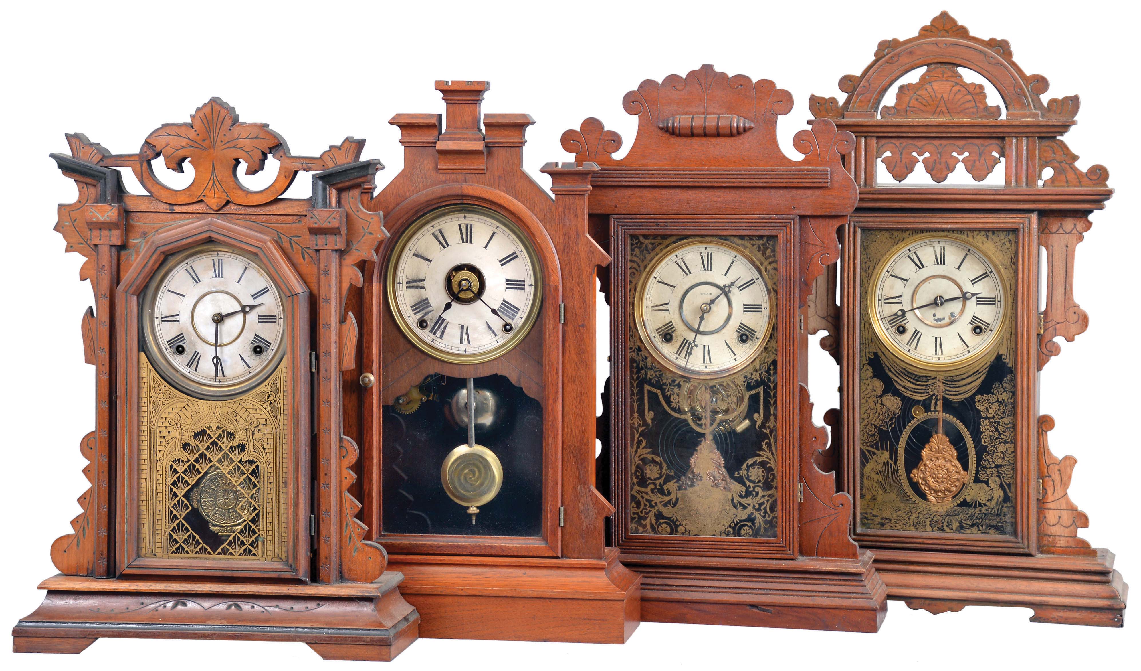 Clocks- 4 (Four): (1) E. N. Welch Mfg. Co., Forestville, Conn., "Alboni", 8 day, time and strike, spring brass movement walnut mantel clock, c1891; (2) E. N. Welch Mfg. Co., Forestville, Conn., "Donita", 8 day, time and strike, spring brass movement walnut mantel clock, c1892. (3) E. Ingraham & Co., Bristol, Conn., "Paladin", 8 day, time and strike, spring brass movement mantel clock, c1884 (4) Seth Thomas Clock Co., Thomaston, Conn., "Fortress", city series, 8 day, time, strike and alarm spring brass movement walnut mantel clock, c1880. — Antique Clocks Price Guide