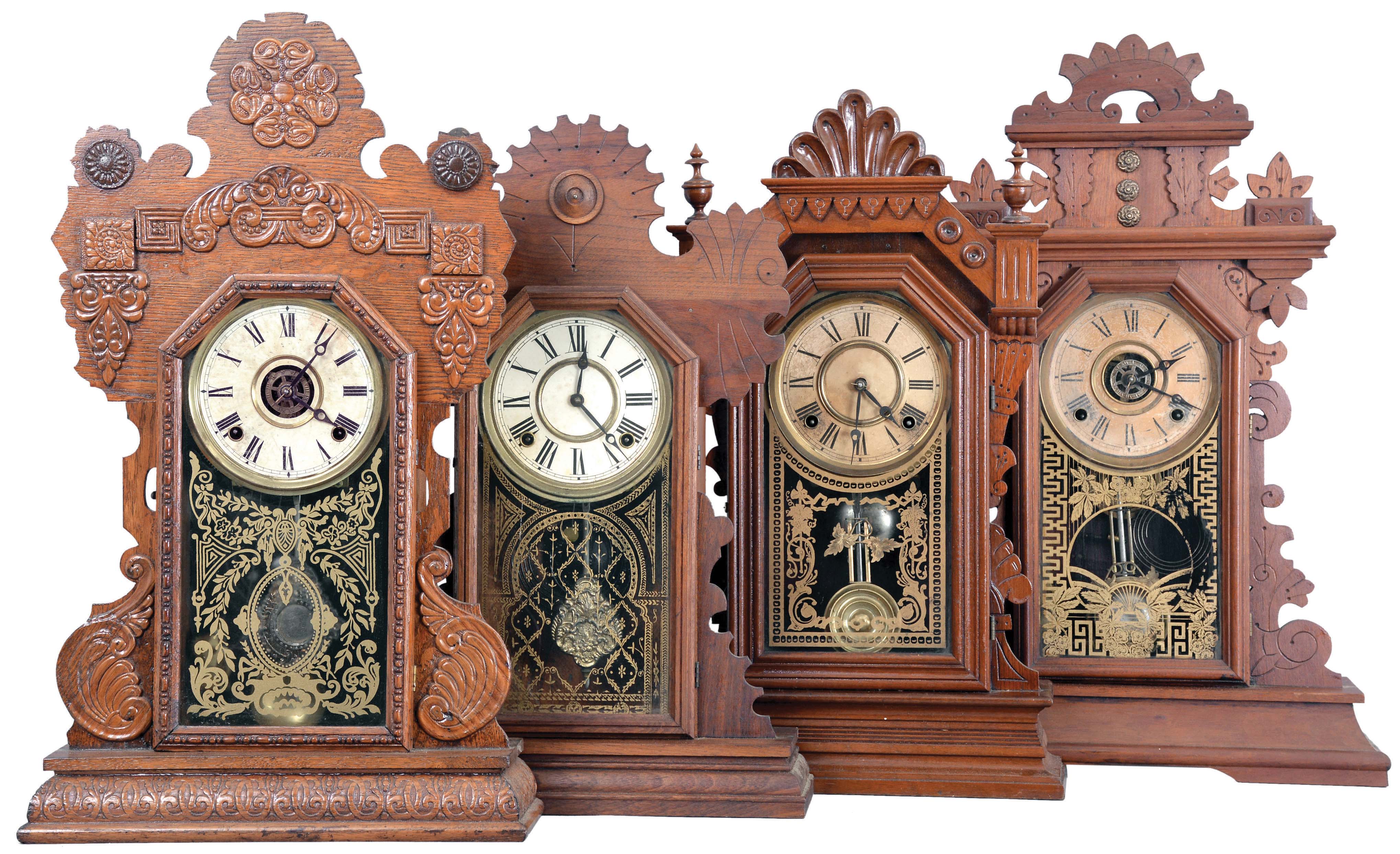 Clocks- 4 (Four): (1) E. Ingraham & Co., Bristol, Conn., "Tulip", 8 day, time and strike, spring brass movement walnut mantel clock, c1895; (2) E. Ingraham & Co., Bristol, Conn., "Diadem", 8 day, time and strike, spring brass movement walnut mantel clock, c1881 (3) E. Ingraham & Co., Bristol, Conn., "Pansy", 8 day, time, strike spring and alarm brass movement walnut mantel clock, c1881. (4) E. Ingraham & Co., Bristol, Conn., "Westminster", 8 day, time and strike, spring brass movement oak mantel clock, c1915 — Antique Clocks Price Guide