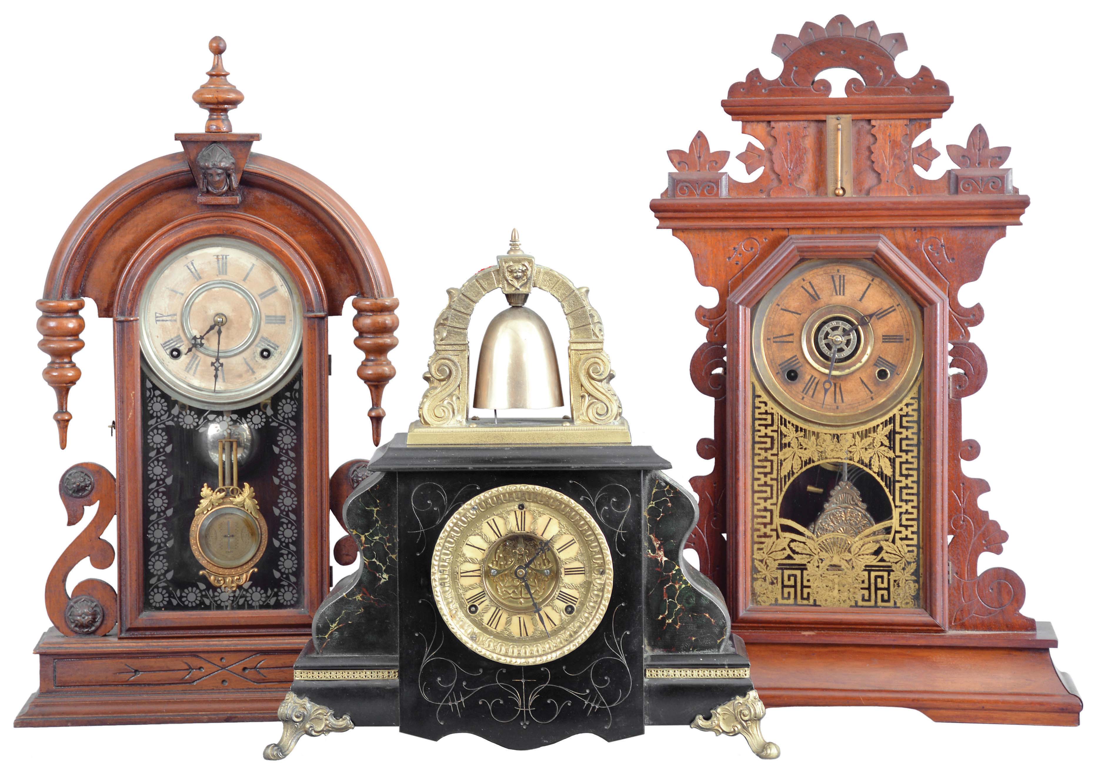 Clocks- 3 (Three): (1) F. Kroeber Clock Co., New York, "Parisian", 8 day, time and strike, spring brass movement walnut mantel clock, c1881; (2) William L. Gilbert Clock Co., Winsted, Conn., "Curfew", 8 day, time and strike, spring brass movement bell top mantel clock, c1900. (3) E. Ingraham & Co., Bristol, Conn., "Pansy", 8 day, time and strike, spring brass movement walnut mantel clock, c1881. — Antique Clocks Price Guide
