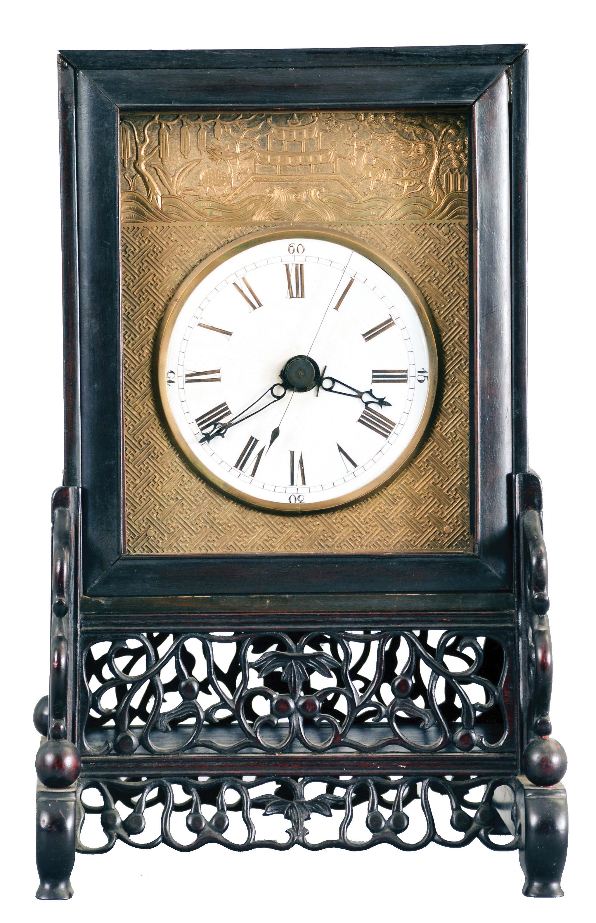 China, bracket clock reproduction, 8 day, time and strike, double fusee, crown verge with center seconds in a rosewood case on fretwork base, white porcelain dial on patterned brass front plate, 20th century. — Antique Clocks Price Guide