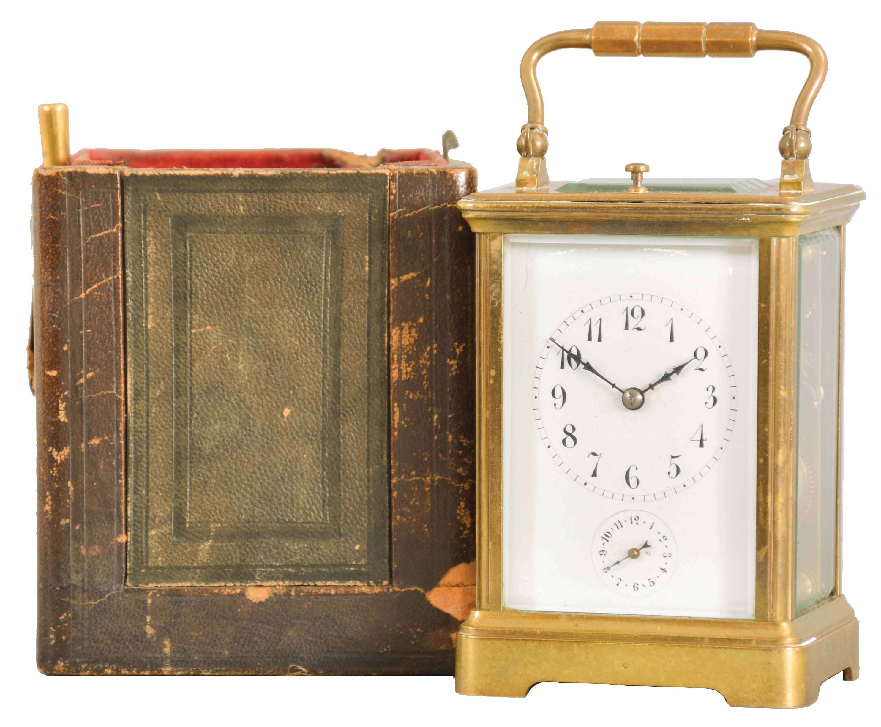 France, striking carriage clock with hour repeat, Corniche case with beveled glass panels, Arabic numeral white enamel dial, blued steel distaff hands, 8 day time, strike and alarm movement with lever platform and cut bimetallic balance, repeating the last hour on demand, with partial travel case — Antique Clocks Price Guide