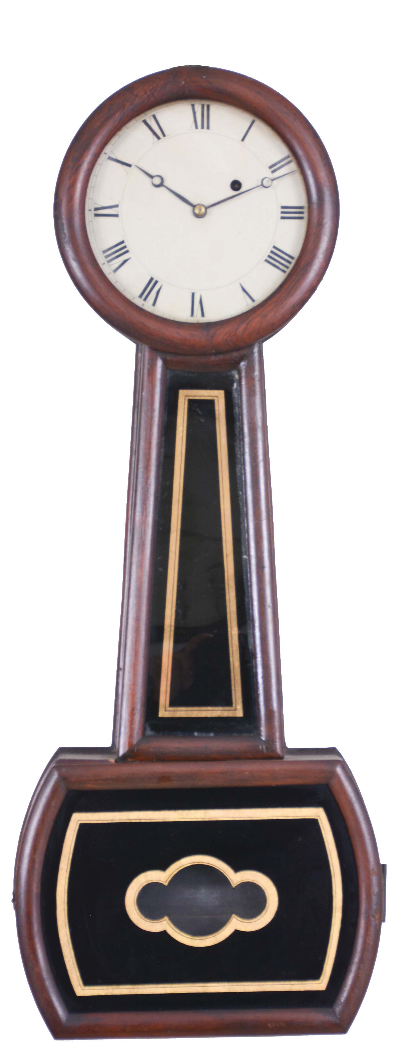 George Hatch, North Attleborough, Massachusetts, wall regulator with grain-painted poplar case, turned wooden bezel over the unmarked zinc roman numeral dial, moon hands, half round moldings with black and gold decorative glasses, eight day brass weight-powered movement with iron weight, wooden pendulum rod and detachable brass bob (missing), wooden weight baffle with Hatch-type pendulum brass centering acorn. — Antique Clocks Price Guide