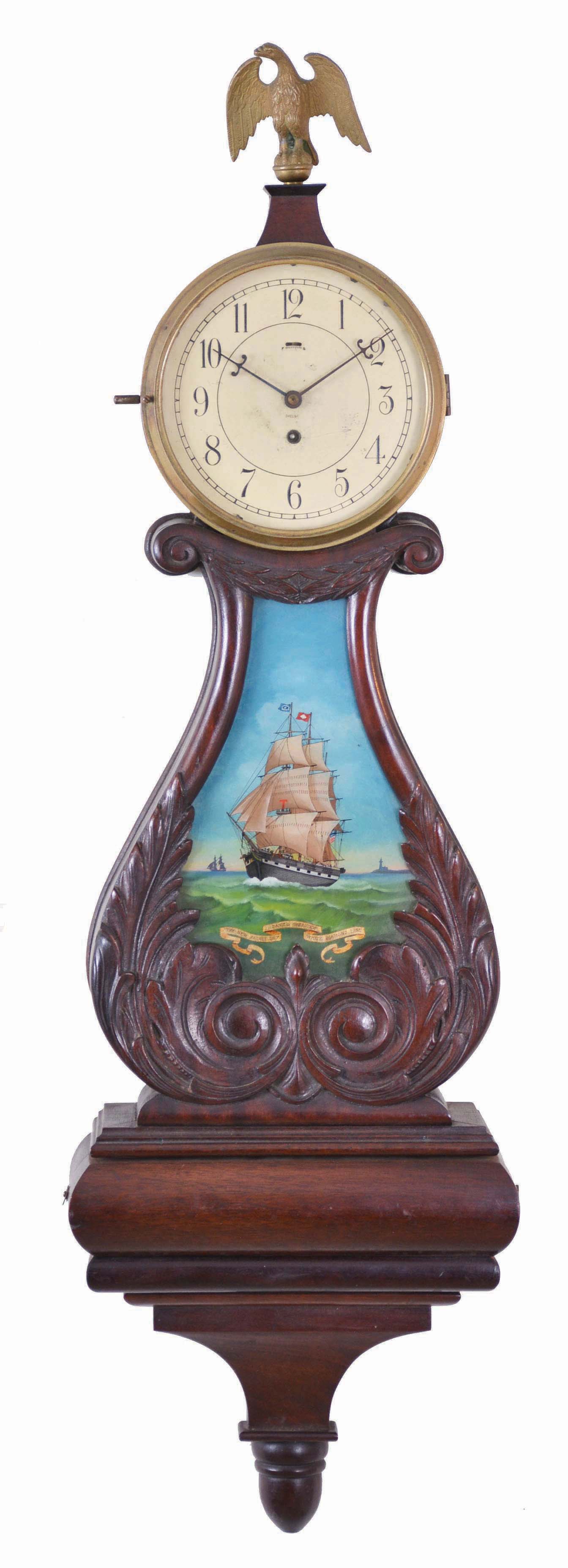 Chelsea Clock Co., Boston, Mass., early 20th Century, limited production "Lyre Banjo" with quality Chelsea lever movement. With original tablet depicting the "Daniel Webster" a new packet ship. — Antique Clocks Price Guide