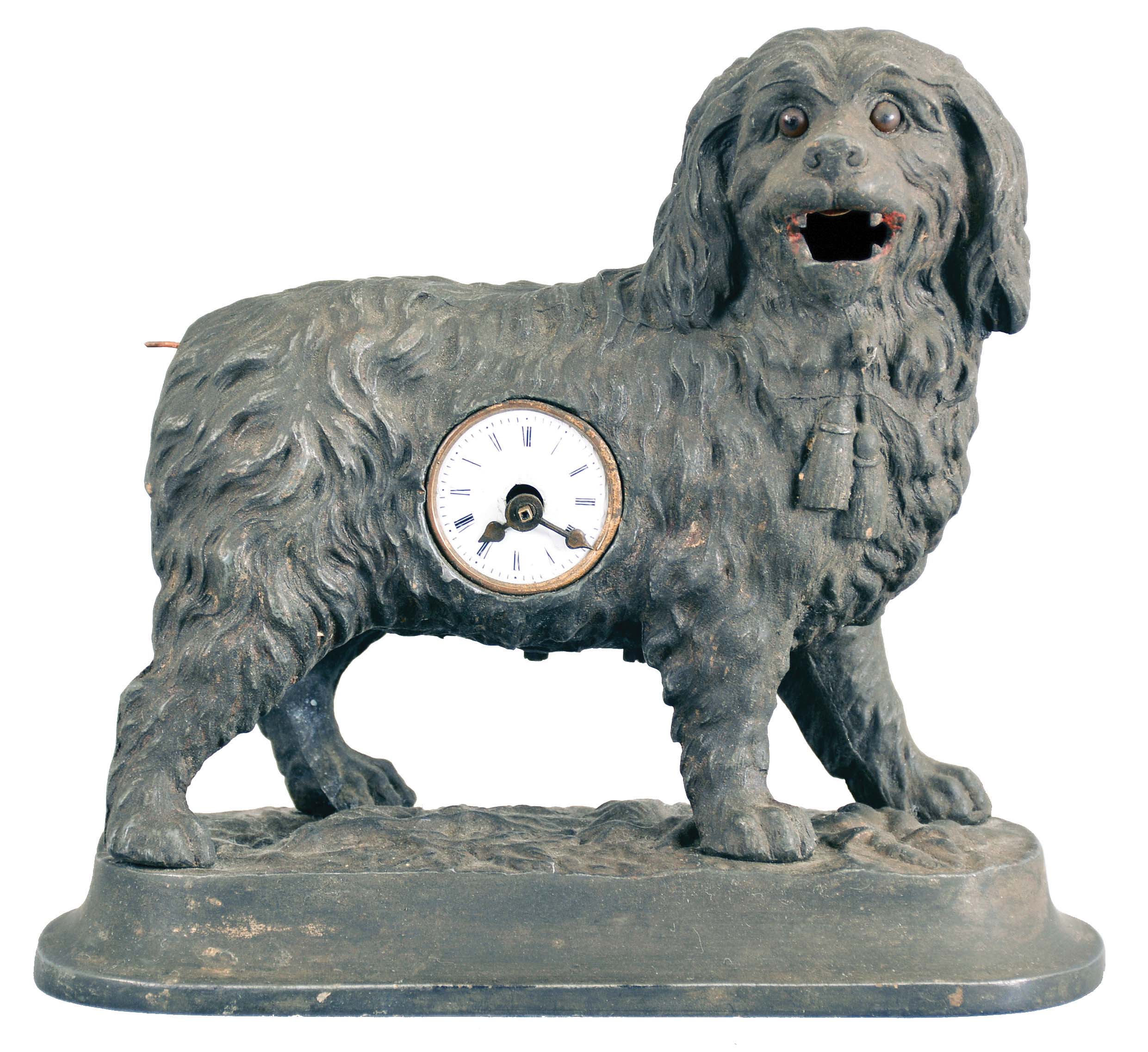 Mayer, Germany, animated dog novelty timepiece, 30 hour, time only, spring driven movement in a cast metal case in the form of a dog with panting tongue and wagging tail. — Antique Clocks Price Guide