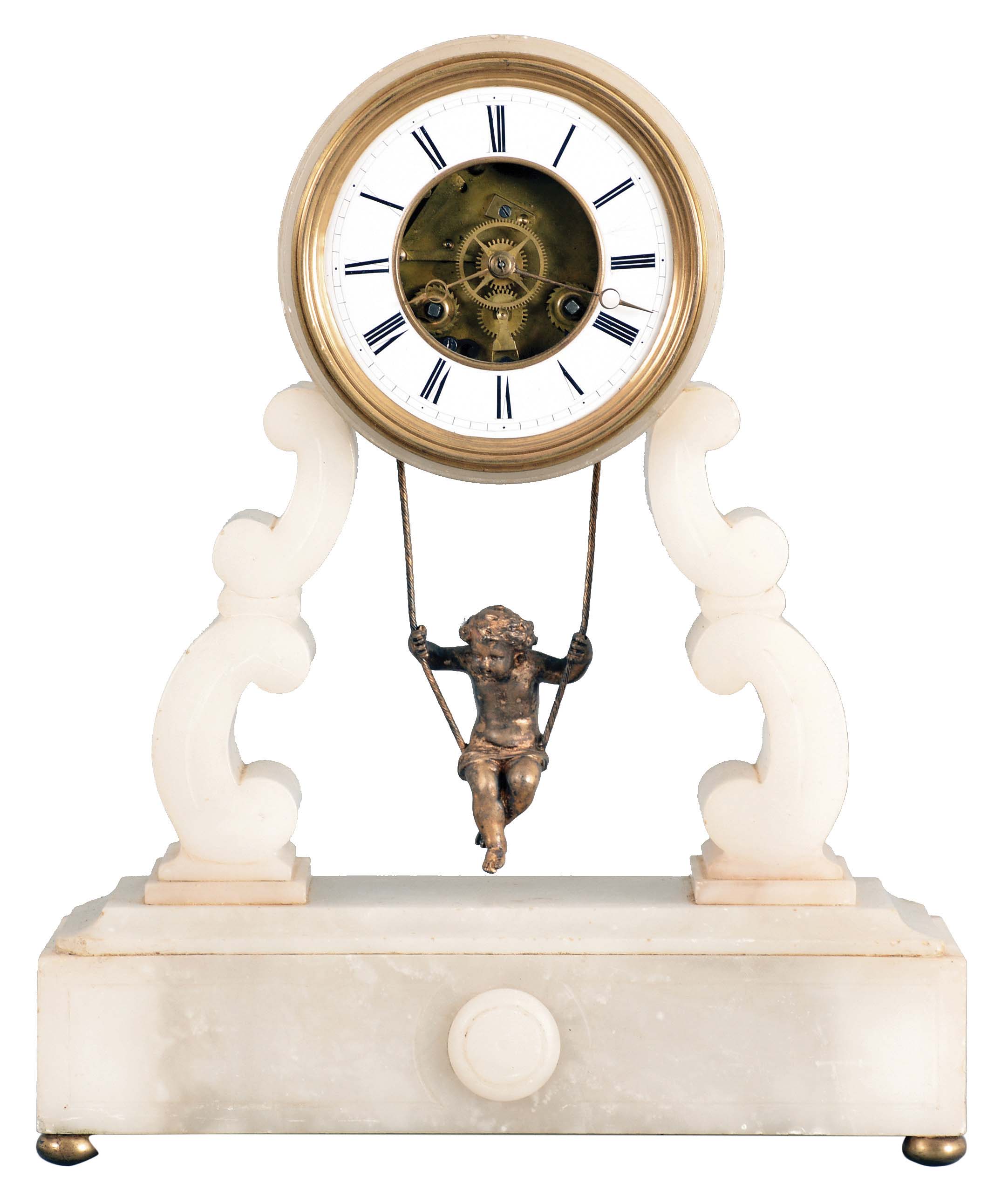 France, after Farcot, swinging doll clock, 8 days, time and strike, spring driven, visible movement, chaff-cutter escapement with two escape wheels in an alabaster case with white enamel chapter ring with Roman numerals. — Antique Clocks Price Guide