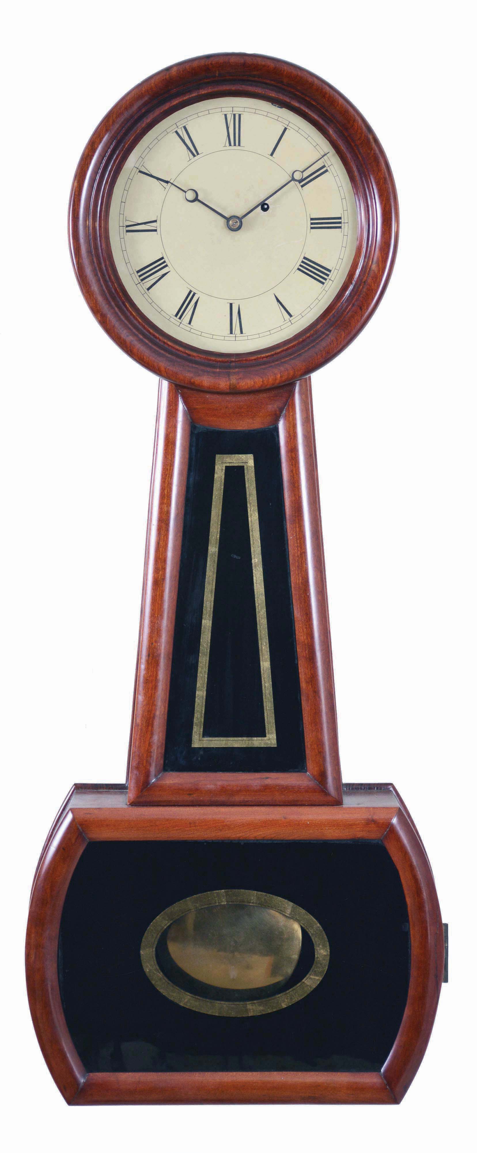 Howard & Davis, Boston, Mass., "Regulator No. 2" banjo clock, 8 day, time only, weight driven movement in a cherry case with reverse painted throat and lower tablets and painted metal dial — Antique Clocks Price Guide
