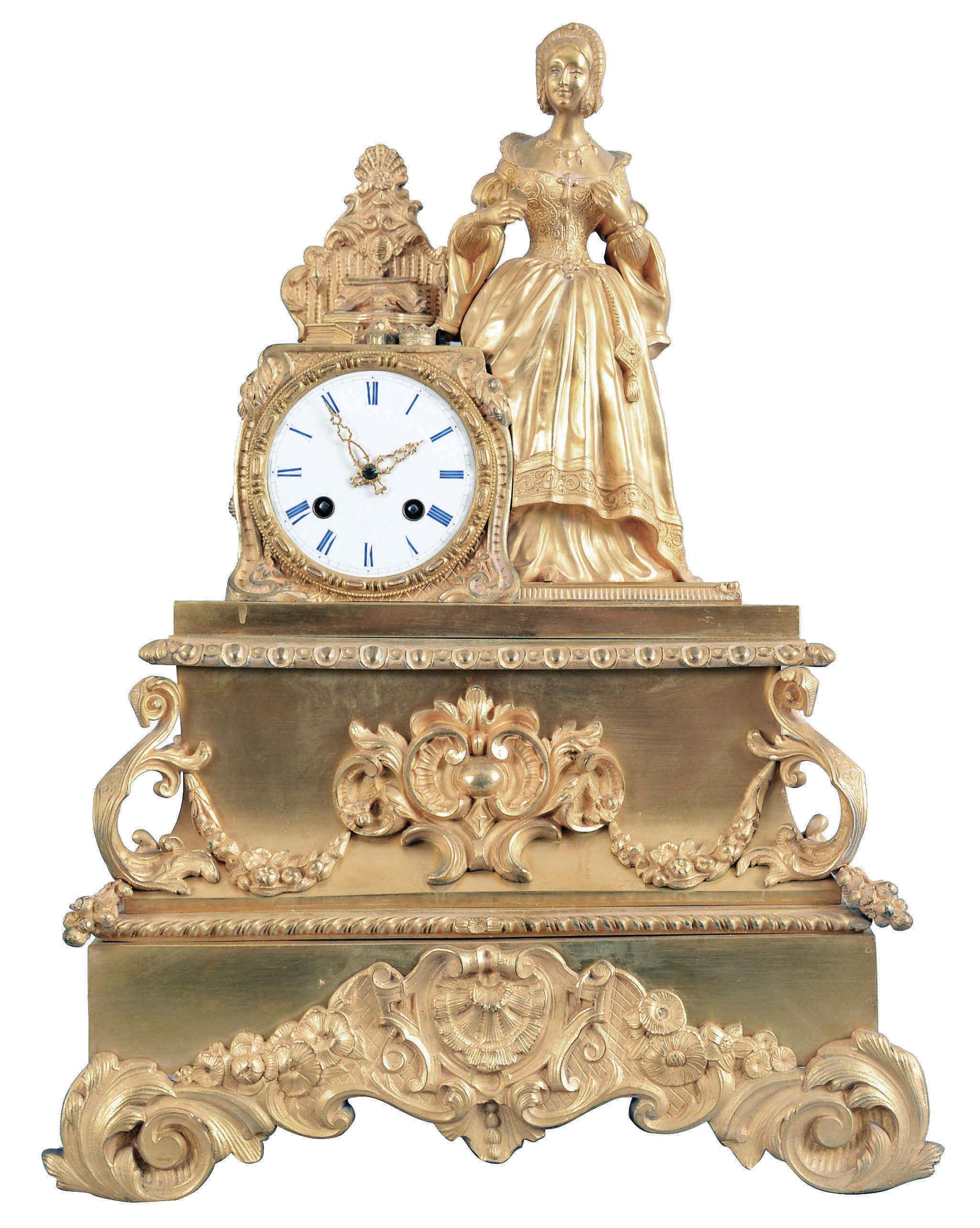 Vincenti & Cie, Paris, figural mantel clock, 8 day, time and strike, spring driven, pendule de Paris with a silk thread suspension in a gilt metal rococo case featuring a young woman beside her dressing table on which are assorted items, white enamel dial with blue Roman numerals and ornate hands. — Antique Clocks Price Guide