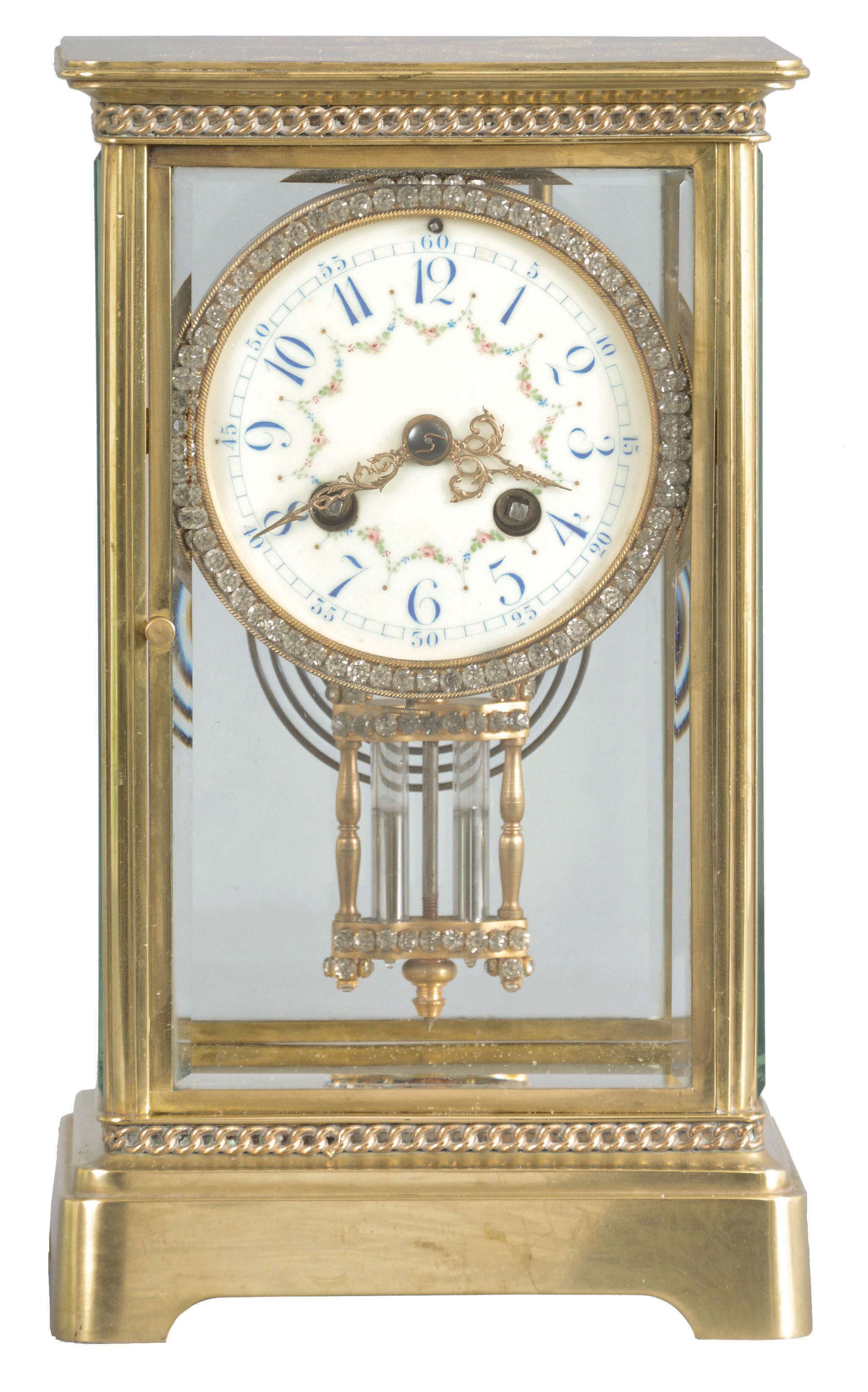 France, Japy Freres, 8 day, time and strike, spring brass movement crystal regulator mantel with brilliant surround dial. — Antique Clocks Price Guide